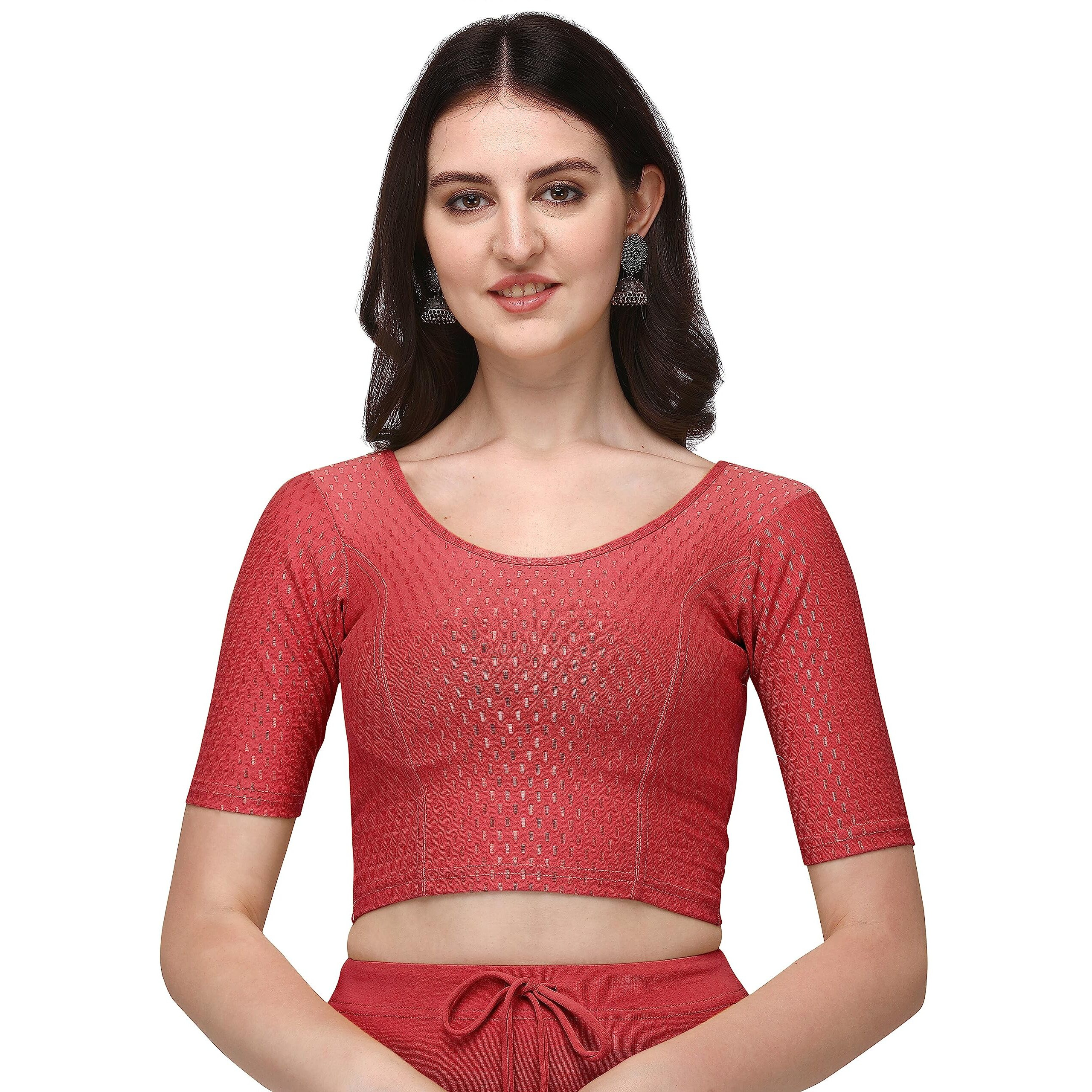 Shiv Textiles Round Neck Dobby Cotton Lycra Stretchable Elbow Sleeve Readymade Saree Blouse For Women Stylish (Gajarifree Size)