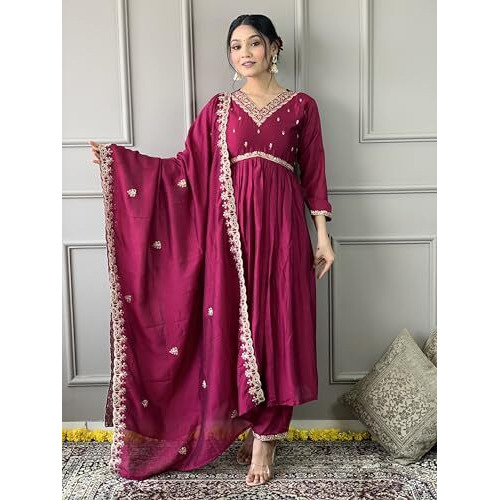 Shiv Textiles Embroidery Maroon Kurta Trousers With Dupatta Striped Viscose Art Silk Three-Quarter Sleeves Kurta Sets For Womens(Jd-Sameera-Maroon-S)