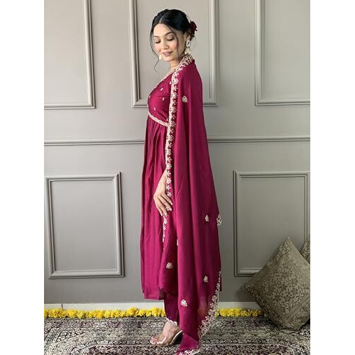 Shiv Textiles Embroidery Maroon Kurta Trousers With Dupatta Striped Viscose Art Silk Three-Quarter Sleeves Kurta Sets For Womens(Jd-Sameera-Maroon-S)