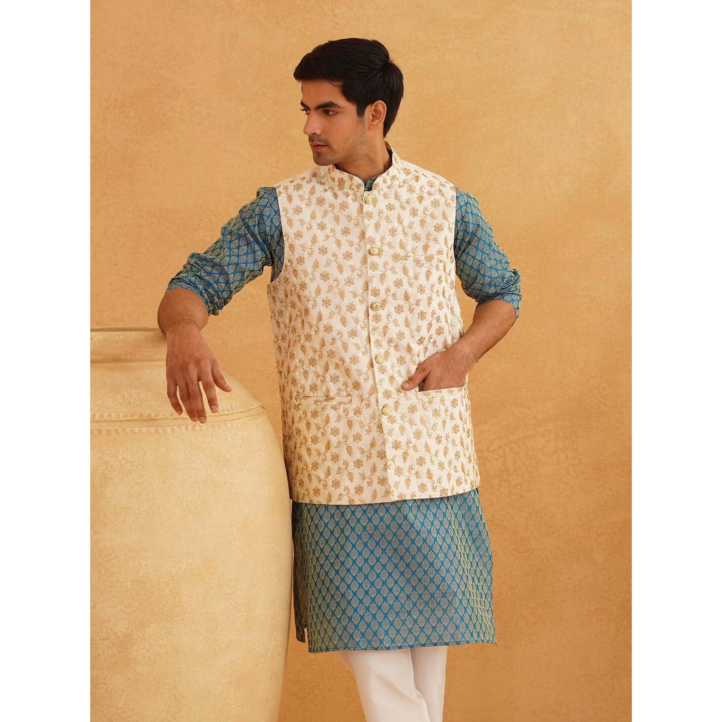 Sojanya (Since 1958 Men's Silk Blend Peacock Blue Self Design Kurta & Cream Embroidery Nehru Jacket With Off-White Churidar Pyjama