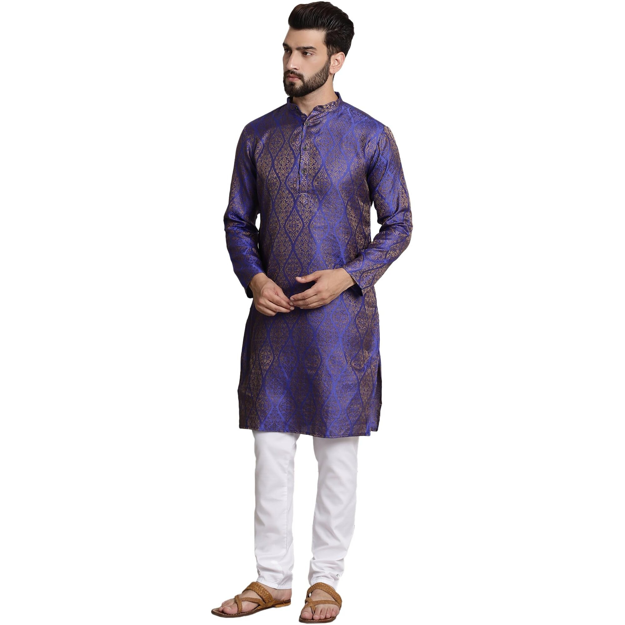 Sojanya (Since 1958 Men's Silk Blend Blue Self Design Kurta And White Churidar Pyjama Set