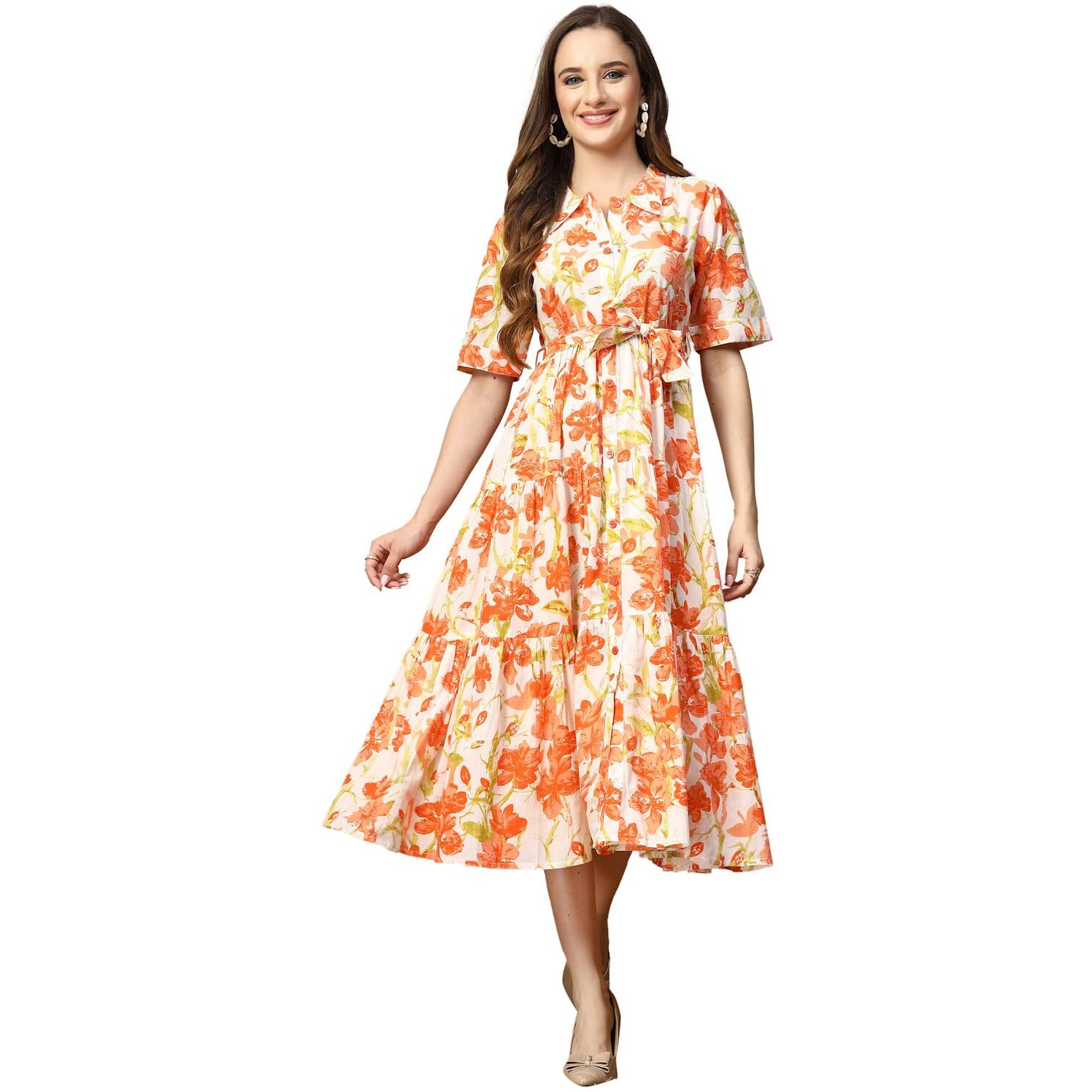 Stylum Women's Floral Printed Cotton Fit And Flare Below The Knee Dress (Drsorangekinnu36_Orange,S)