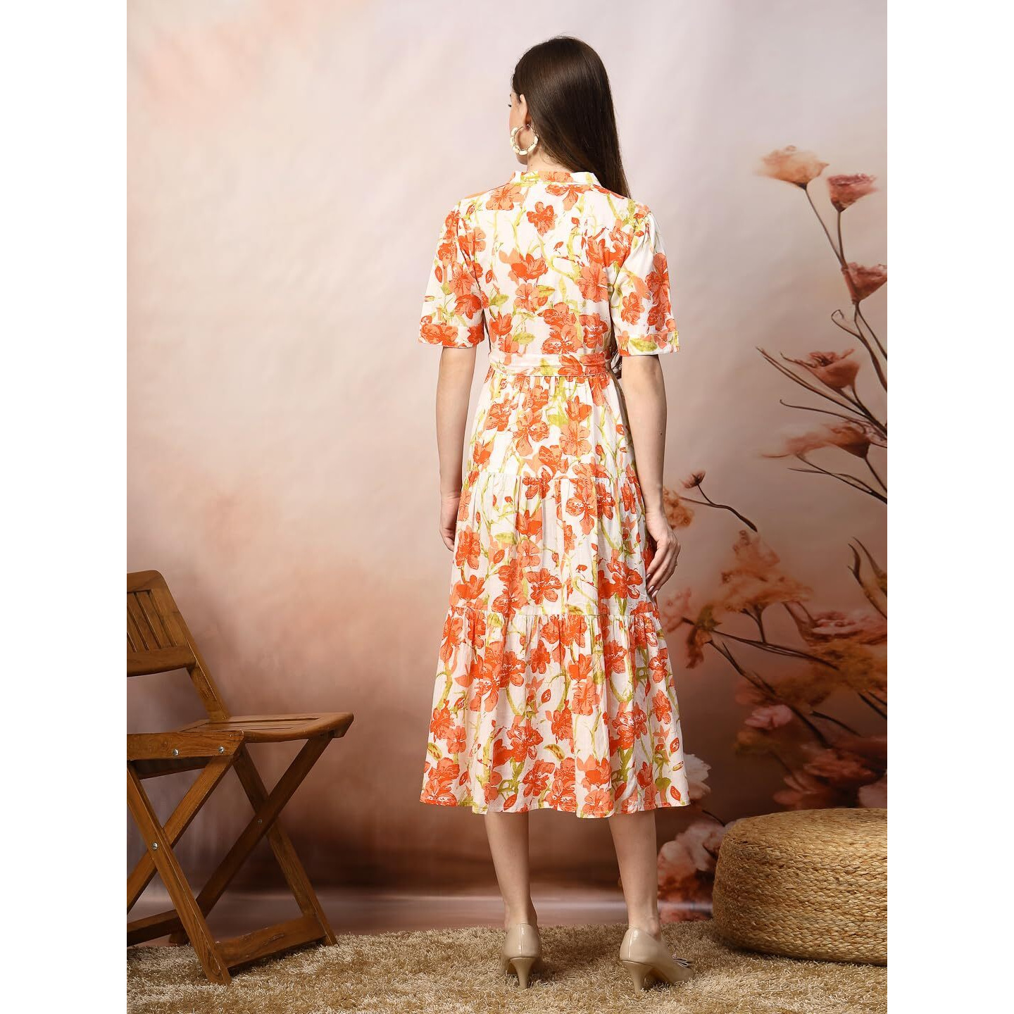 Stylum Women's Floral Printed Cotton Fit And Flare Below The Knee Dress (Drsorangekinnu36_Orange,S)