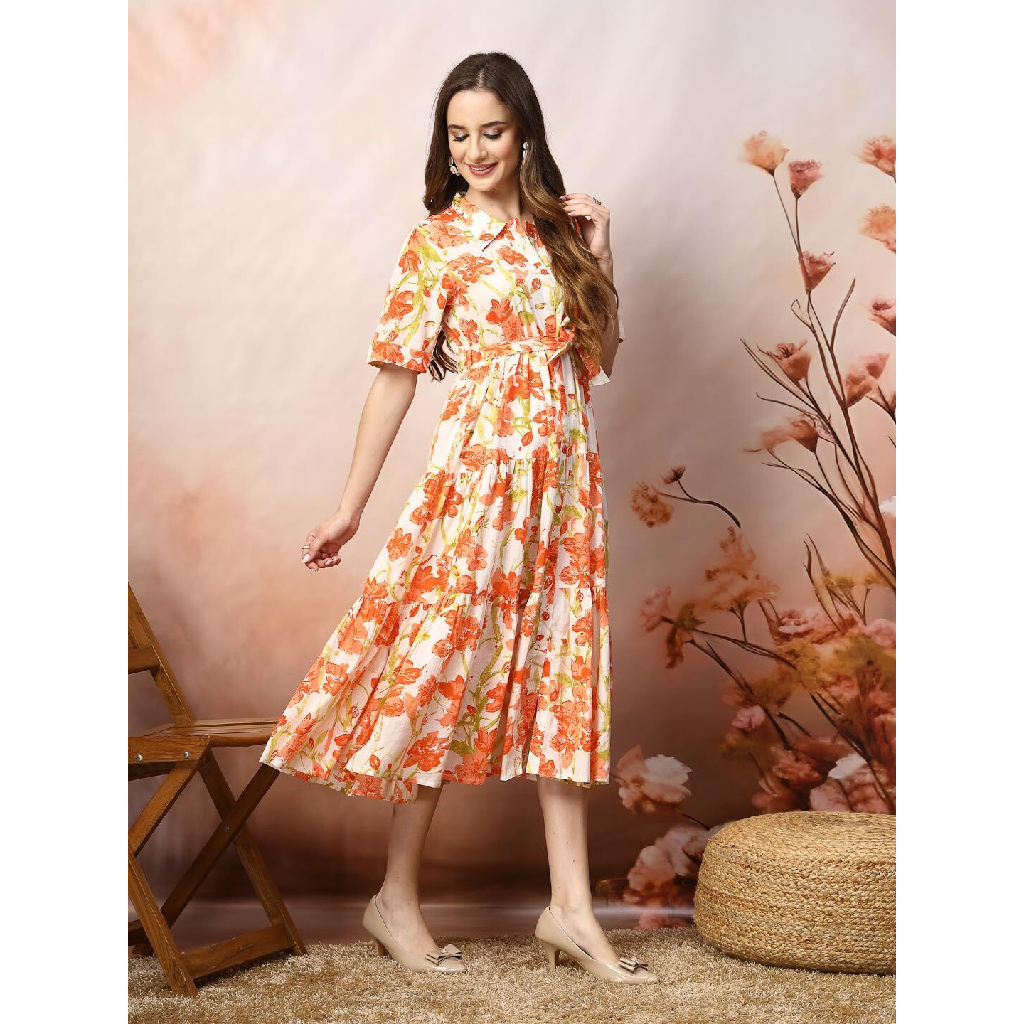 Stylum Women's Floral Printed Cotton Fit And Flare Below The Knee Dress (Drsorangekinnu36_Orange,S)