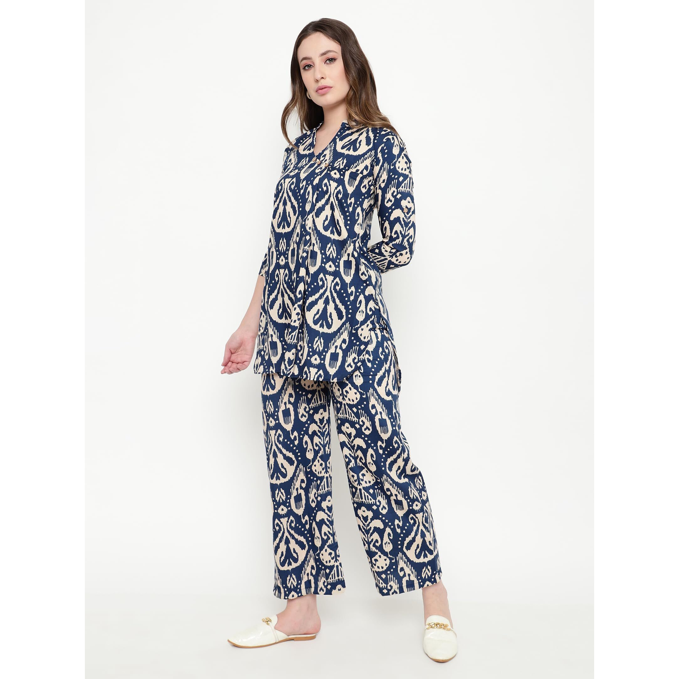 Sugathari Women's Dress Batik Navy Blue V-Neck Co-Ods Set For Women (Co-Ods 97 Batik Blue Xl)