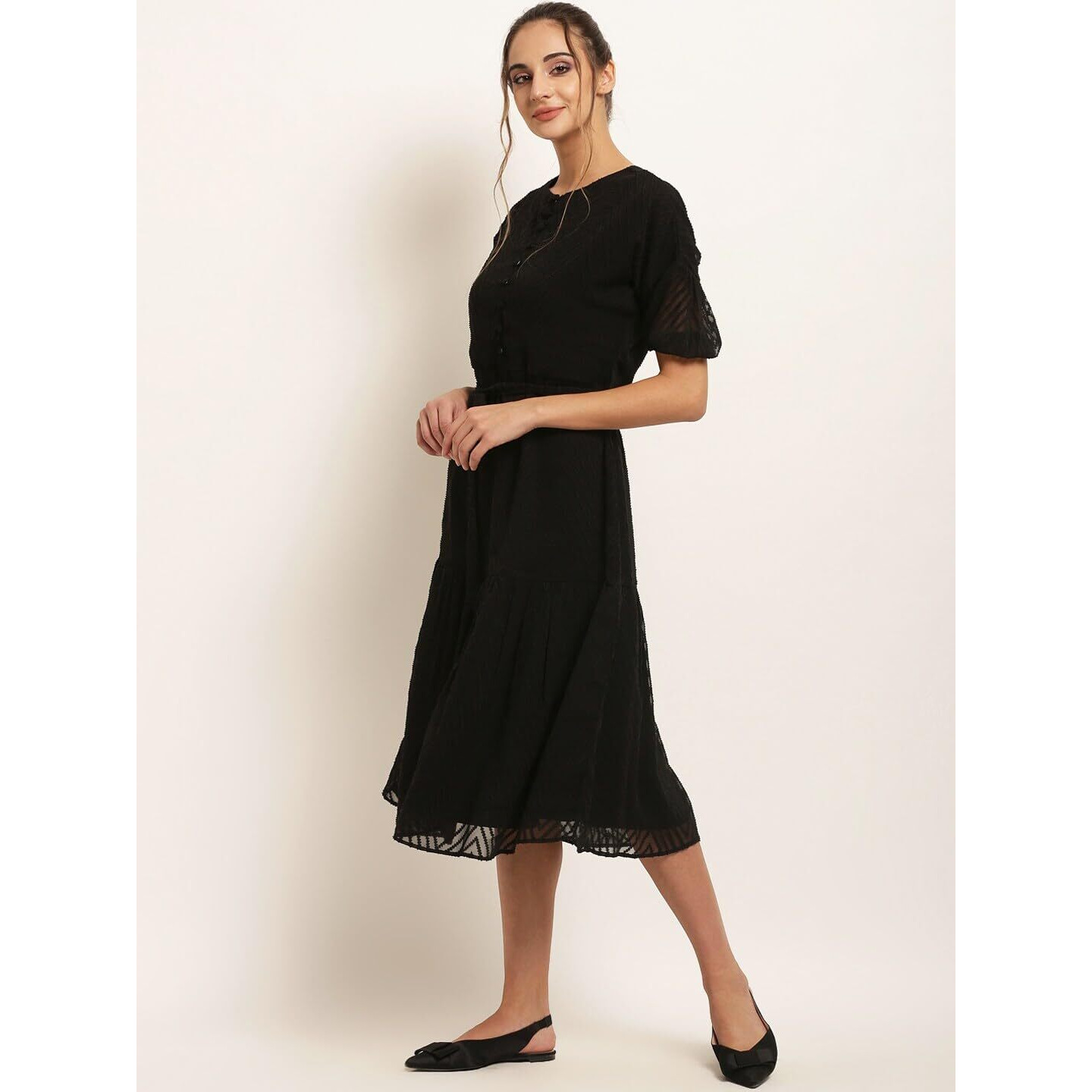 Sugathari Women's Black Dobby Pattern Georgette A-Line Dress For Women (Dress2 80 Black M)