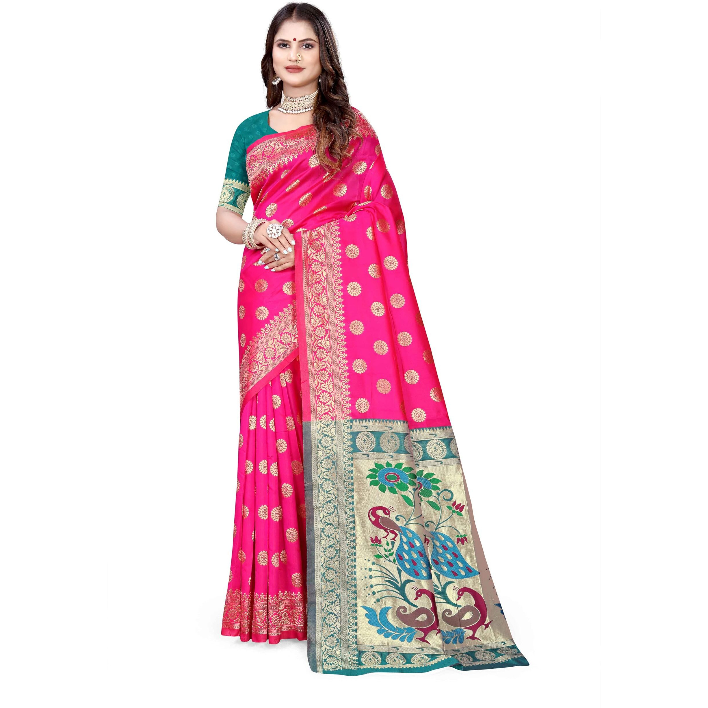 Sugathari Women's Banarasi Saree Pure Paithani Kanjivaram Silk Soft New Ladies 2024 Design Wear Pattu Sarees Latest Cotton Party Sari Collections With Blouse Piece For Wedding Sadi (Pari-207 Rani)