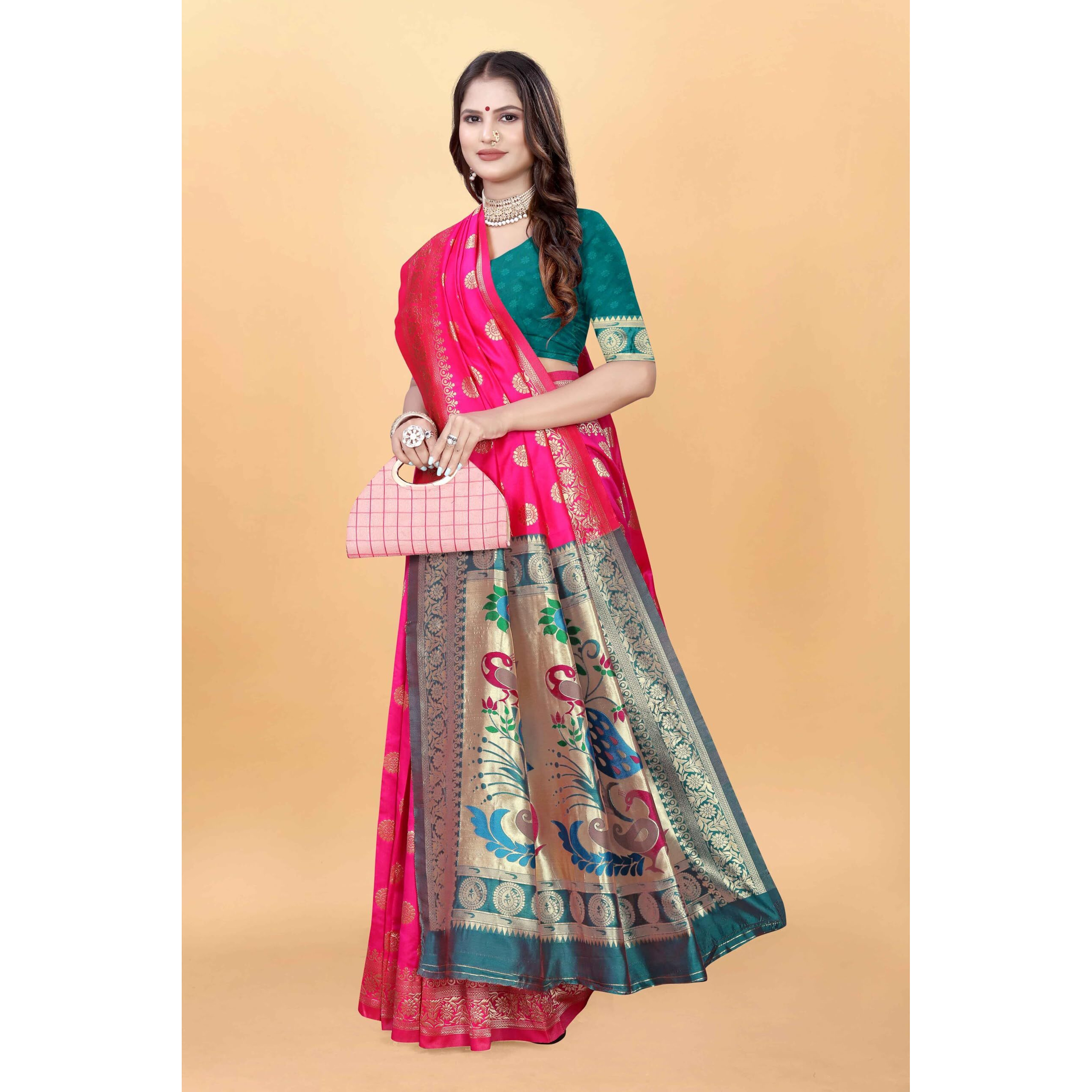 Sugathari Women's Banarasi Saree Pure Paithani Kanjivaram Silk Soft New Ladies 2024 Design Wear Pattu Sarees Latest Cotton Party Sari Collections With Blouse Piece For Wedding Sadi (Pari-207 Rani)