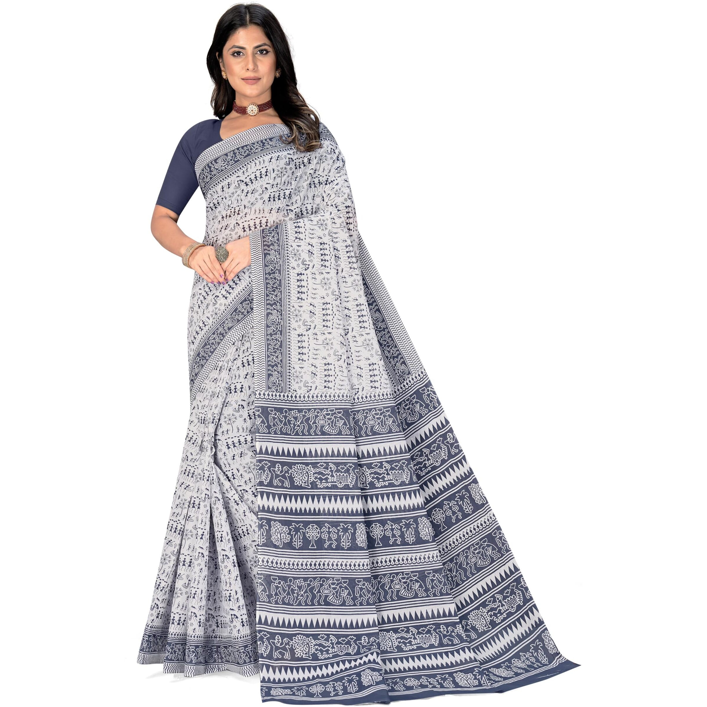 Tamaira Fashion Women's Warli Printed Pure Cotton Mulmul Saree Without Blouse Piece(2536_White&Grey)