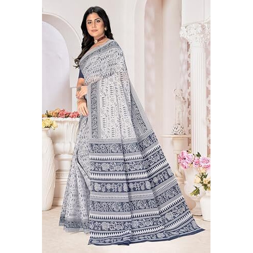 Tamaira Fashion Women's Warli Printed Pure Cotton Mulmul Saree Without Blouse Piece(2536_White&Grey)