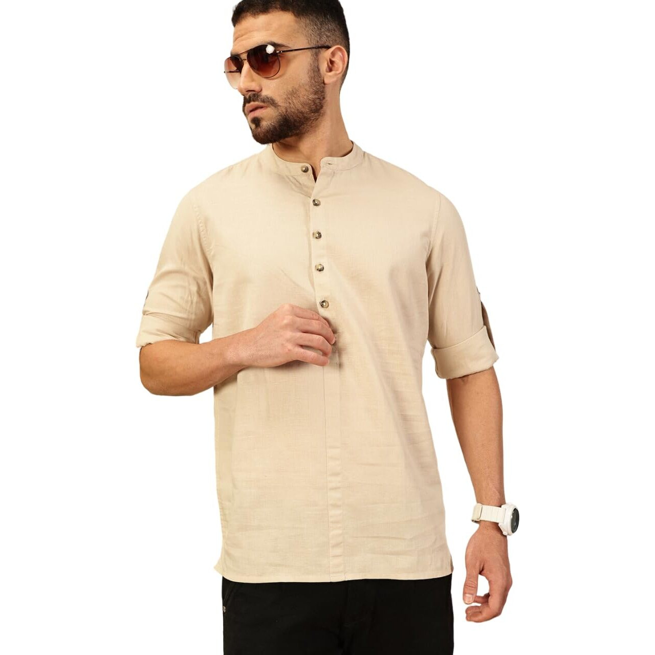 Thomas Scott Mens Linen Solid Kurta Shirt (Ts1529_Lightbeige_L) Light Beige