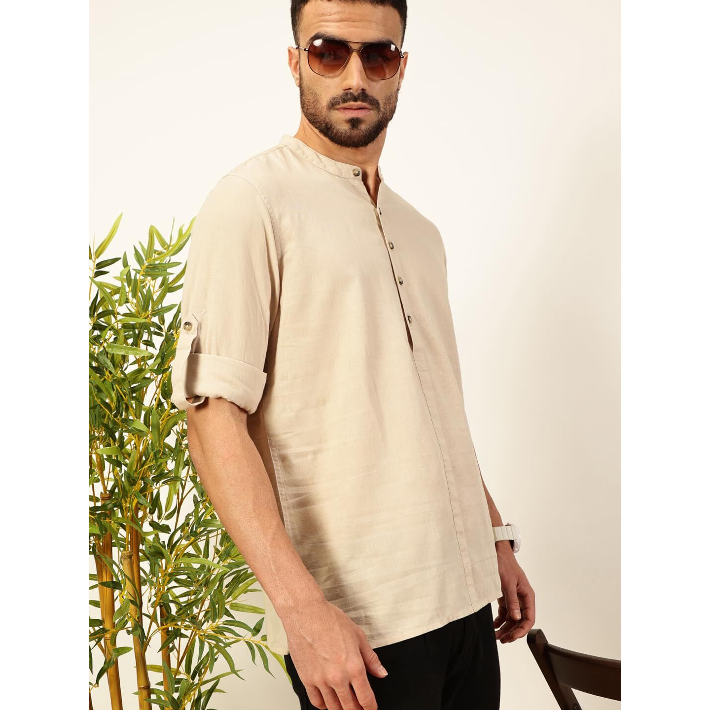 Thomas Scott Mens Linen Solid Kurta Shirt (Ts1529_Lightbeige_L) Light Beige