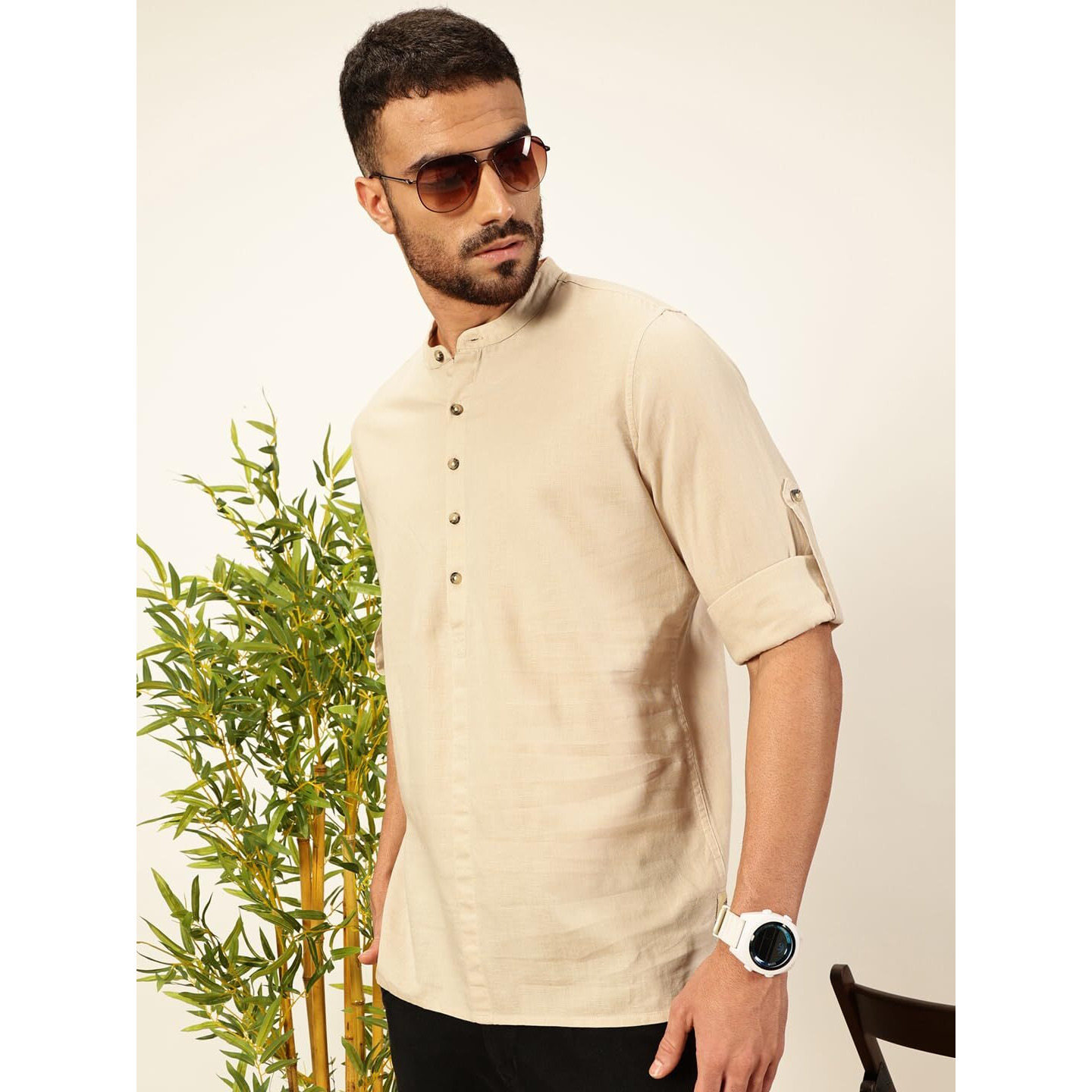 Thomas Scott Mens Linen Solid Kurta Shirt (Ts1529_Lightbeige_L) Light Beige