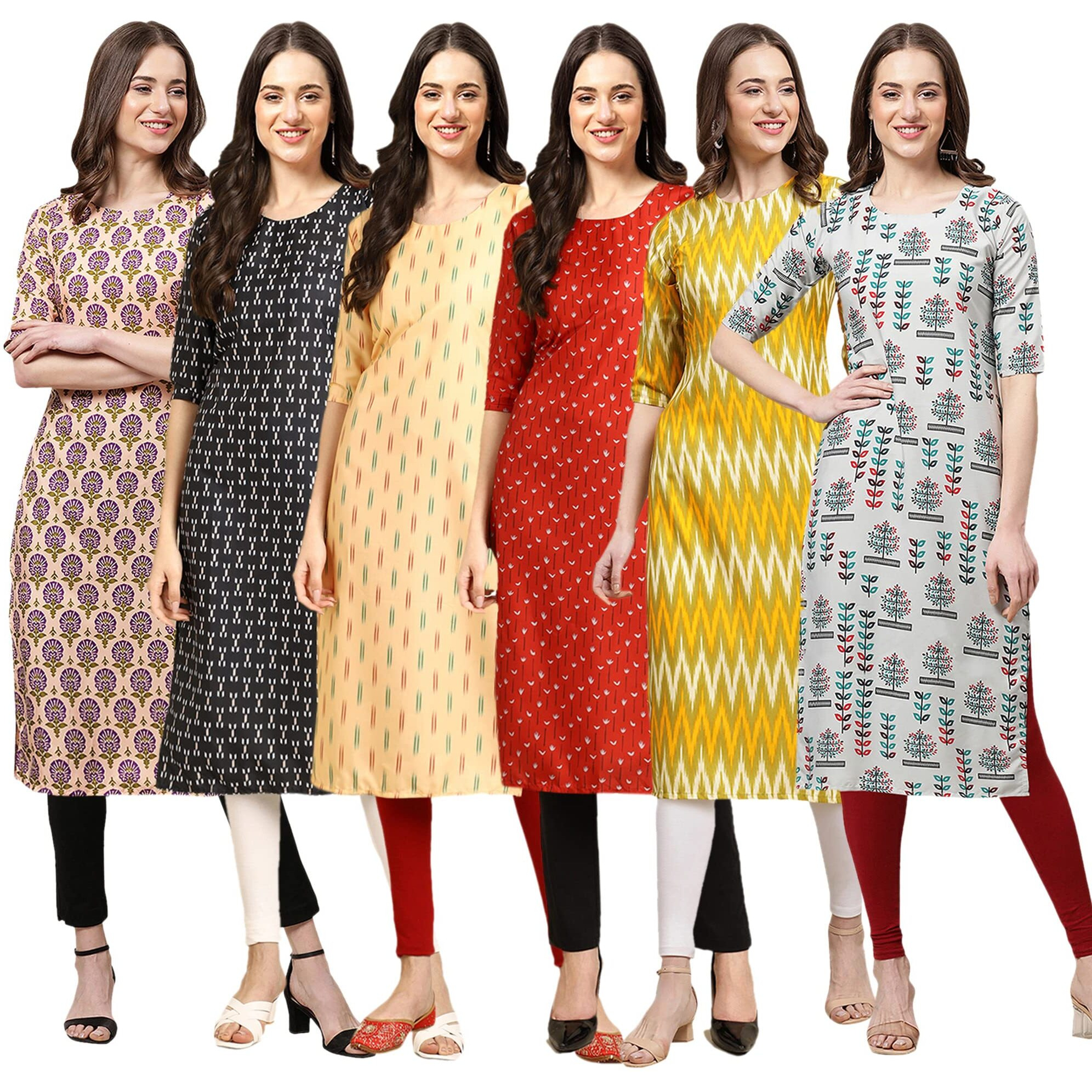 Pinkmint Women's Crepe Digital Print Straight Kurta(Pack Of 6)[Qv-332-362-360-370-329-340-Xl]