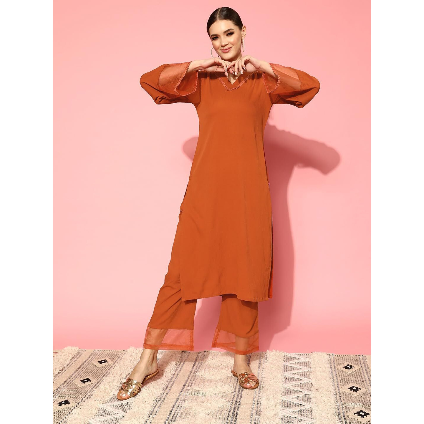Varanga Women Rust Straight Kurta Set With Tonal Bottom  Relaxed Fit, Casual & Semi-Formal Wear, Comfortable Cotton Kurta For Women (Medium)