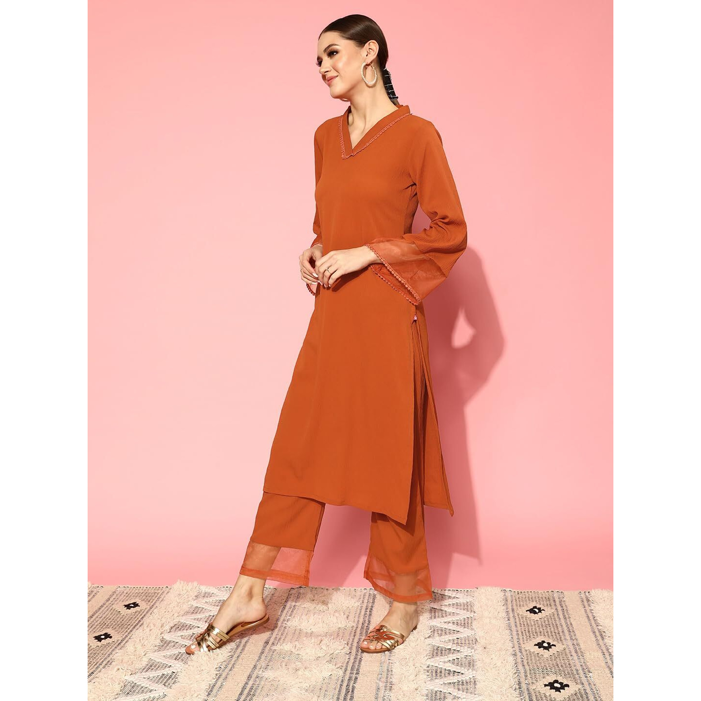 Varanga Women Rust Straight Kurta Set With Tonal Bottom  Relaxed Fit, Casual & Semi-Formal Wear, Comfortable Cotton Kurta For Women (Medium)