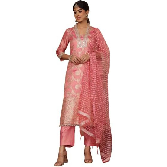 Varanga Women Pink Brocade Sequin Lace Kurta With Bottom And Dupatta