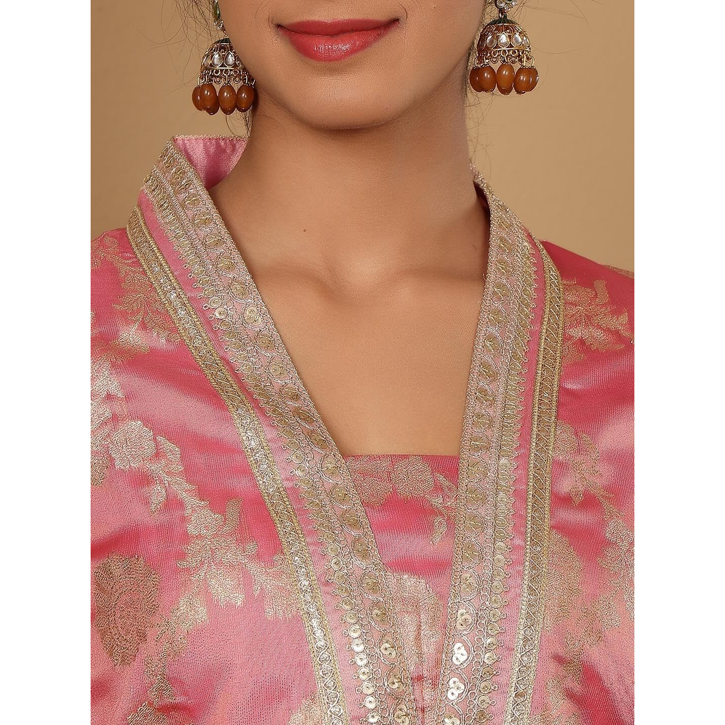 Varanga Women Pink Brocade Sequin Lace Kurta With Bottom And Dupatta