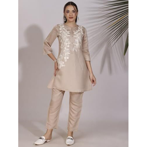 Womanista Silk Blend Women's Brown Colour White Thread Embroidery Work Tunic With Trouser Coord Set Ankle Length (Co-Ords_9041 L)
