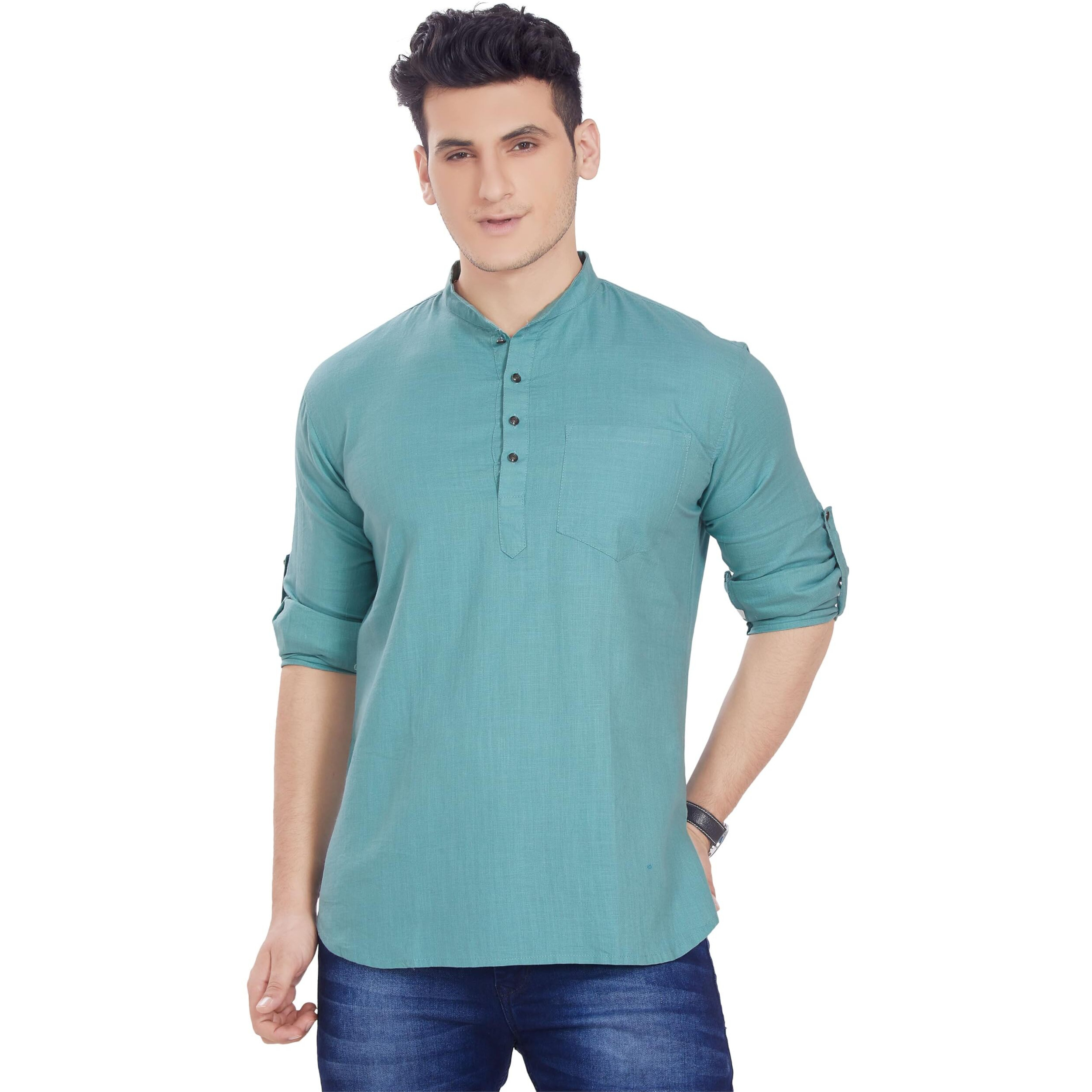 Divisive Men's Pure Cotton Relaxed Fit Short Kurta (Dkrt259_S_Sea Green)