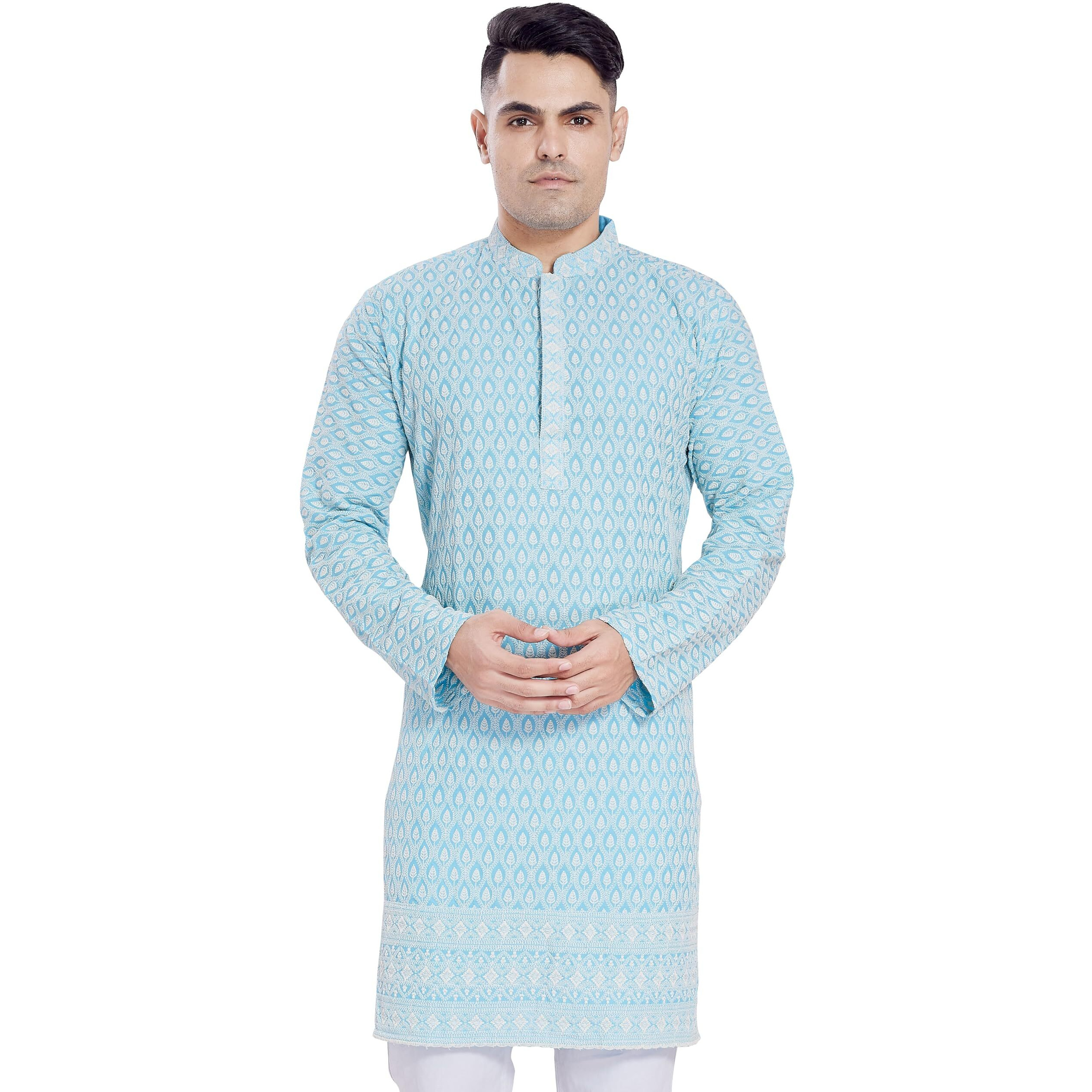 Divisive Men's Thread Embroidered Cotton Blend Only Slim Fit Kurta (Dkrt162_Xl_Sky Blue)