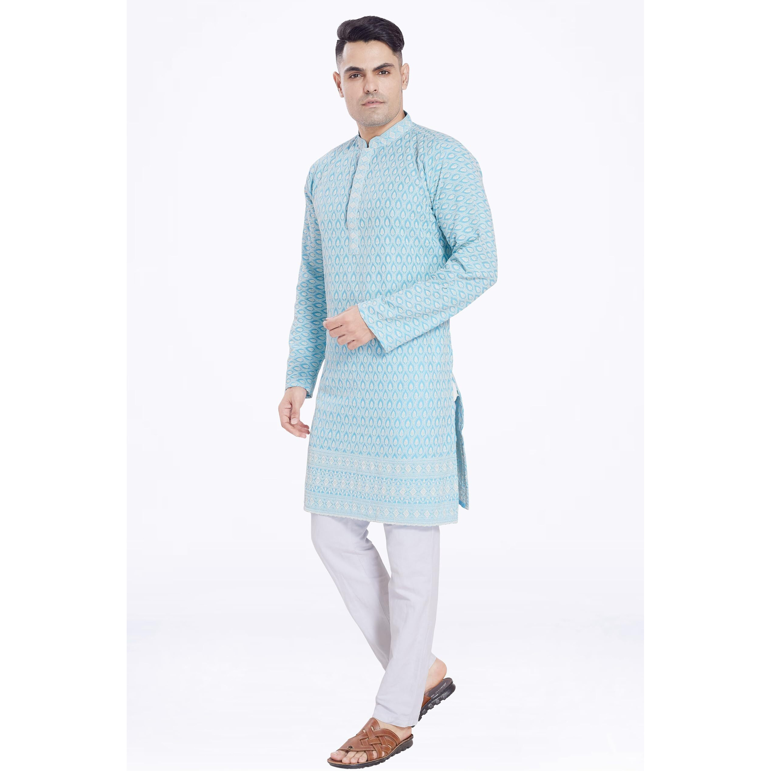 Divisive Men's Thread Embroidered Cotton Blend Only Slim Fit Kurta (Dkrt162_Xl_Sky Blue)