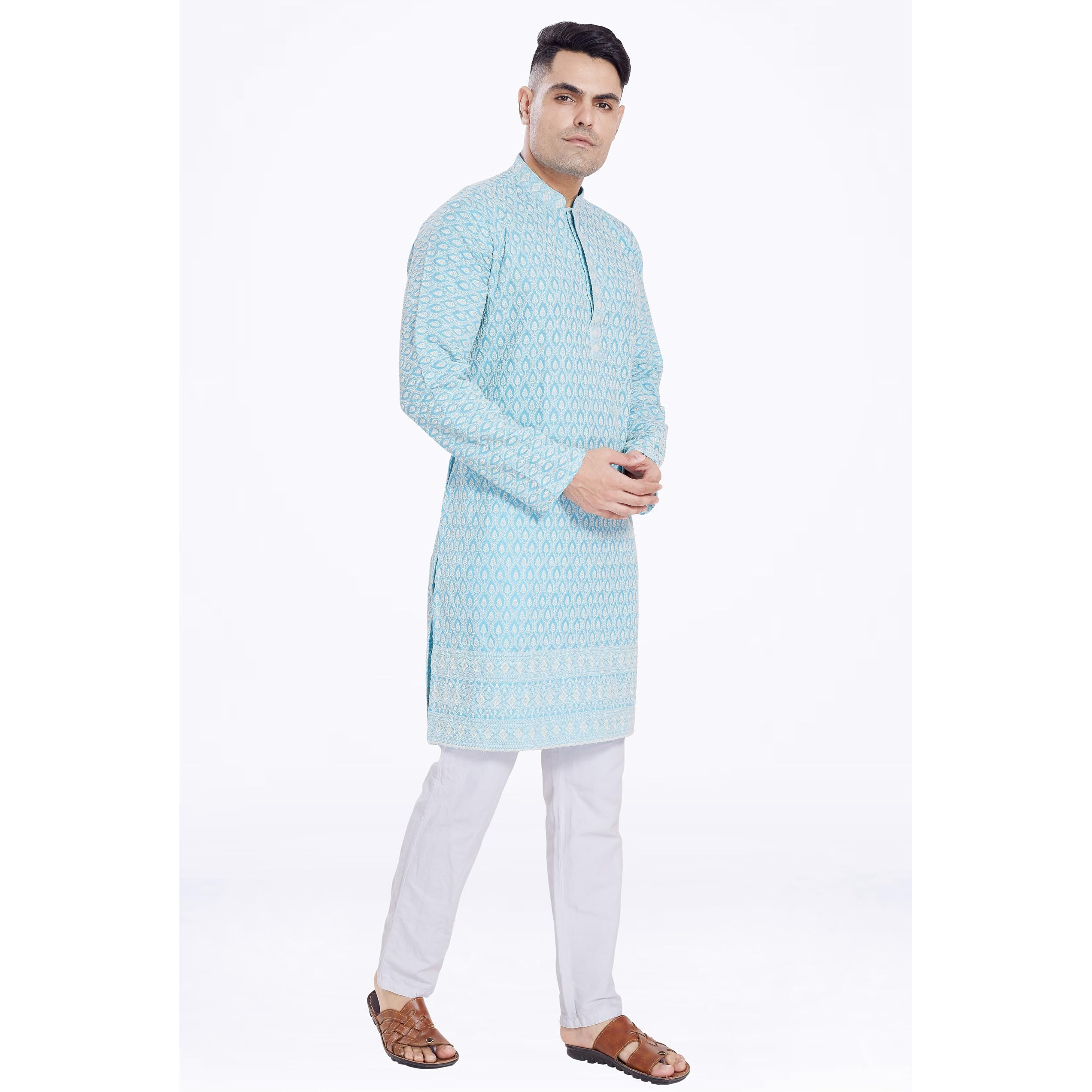 Divisive Men's Thread Embroidered Cotton Blend Only Slim Fit Kurta (Dkrt162_Xl_Sky Blue)