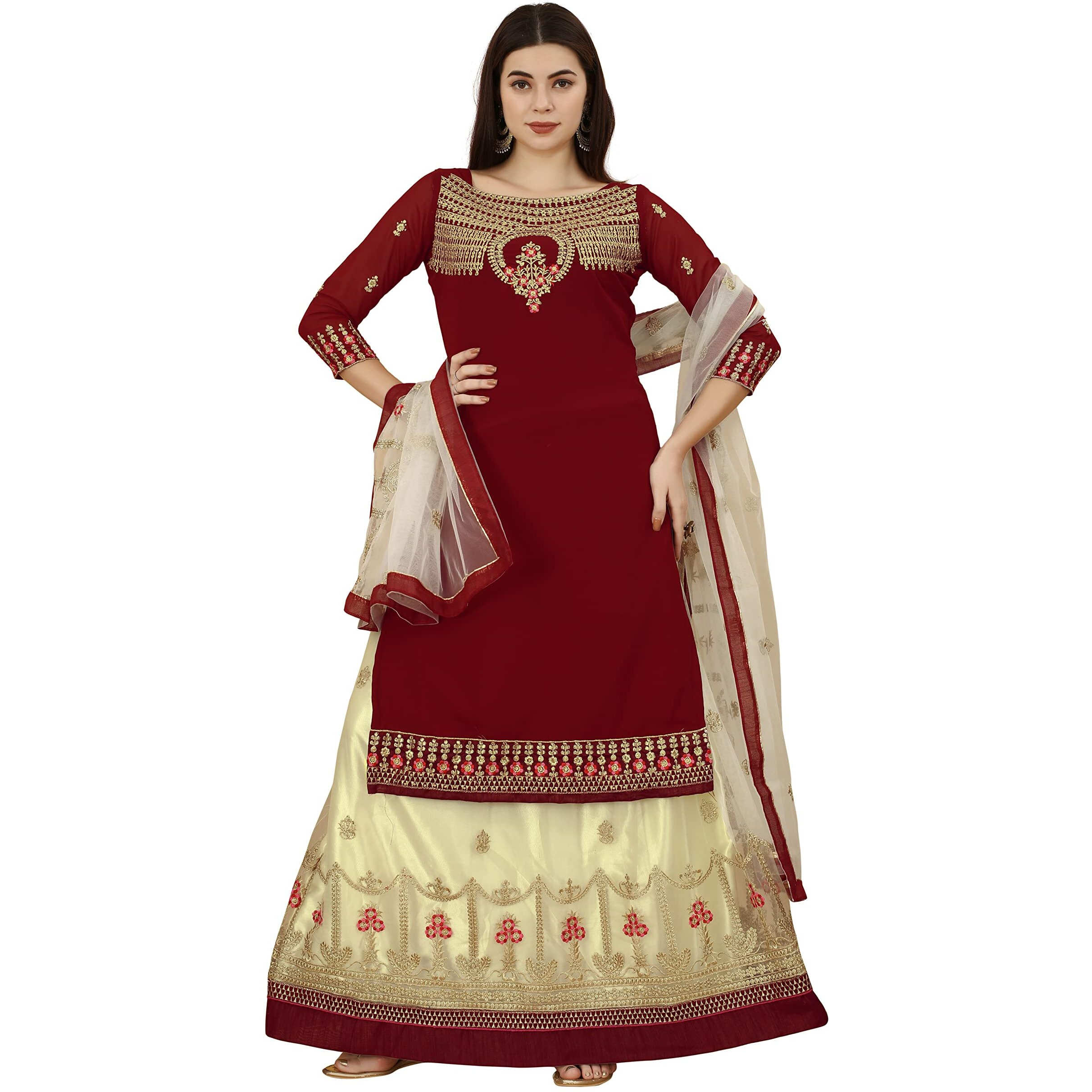 Fashion Basket Women's Gerogette Maroon Semi-Stitched Salwar Suit(Ssfb-F1396_Maroon_Free Size)
