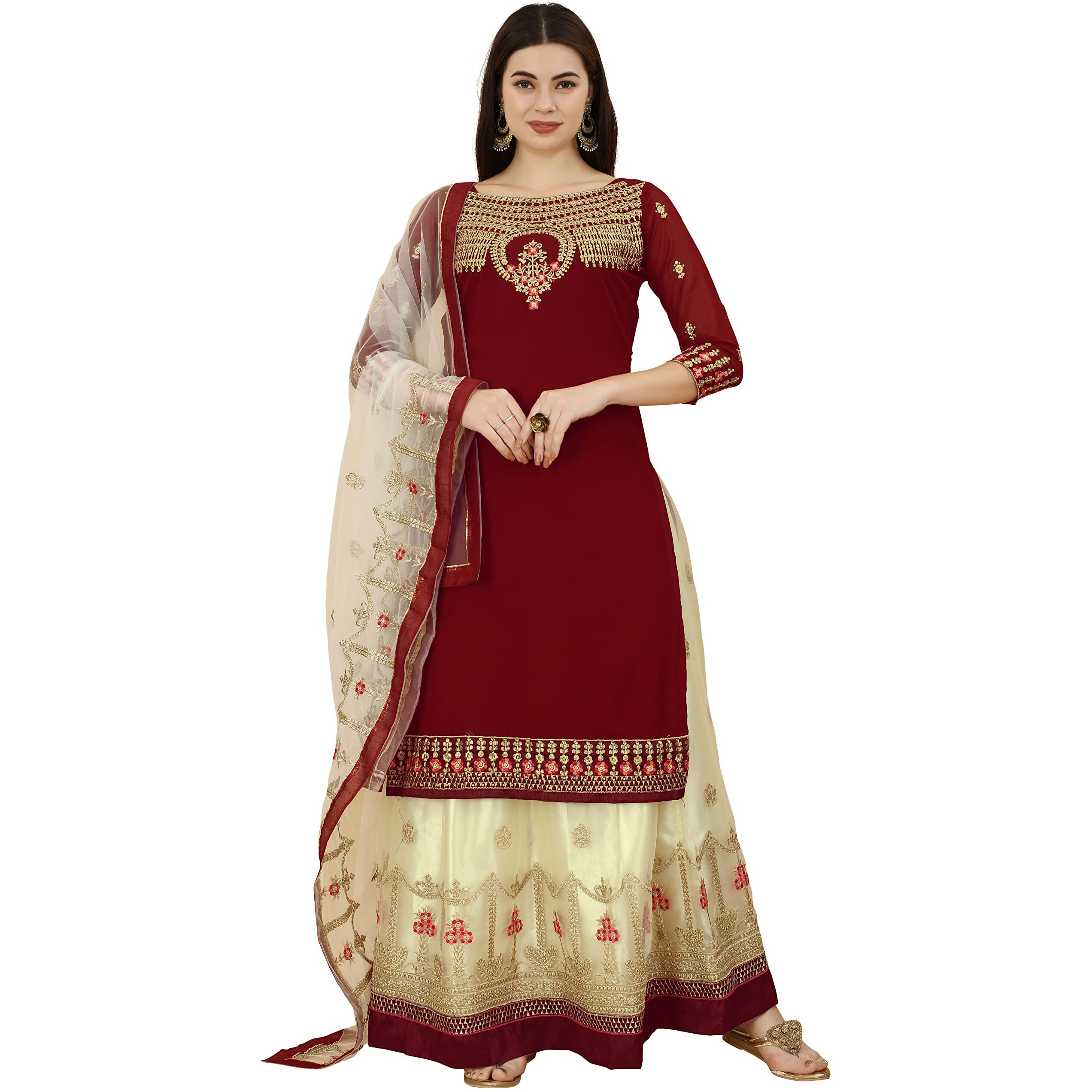 Fashion Basket Women's Gerogette Maroon Semi-Stitched Salwar Suit(Ssfb-F1396_Maroon_Free Size)