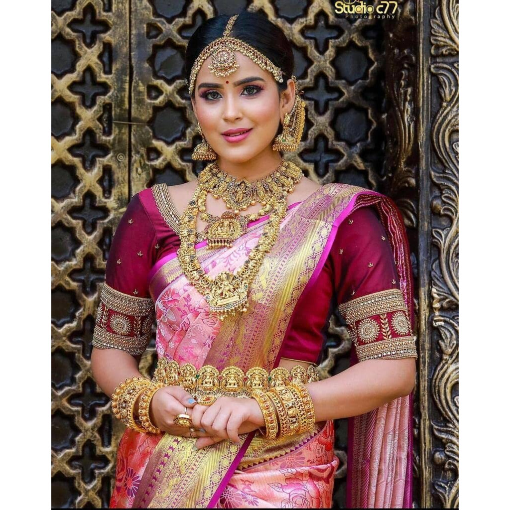 Flosive Women's Present Banarasi Soft Lichi Silk Saree Beautiful Jacquard Rich Pallu Design Work Zari Woven Ayn Kanjivaram Silk Style Saree With Soft Lichi Silk Blouse Piece (Pink)