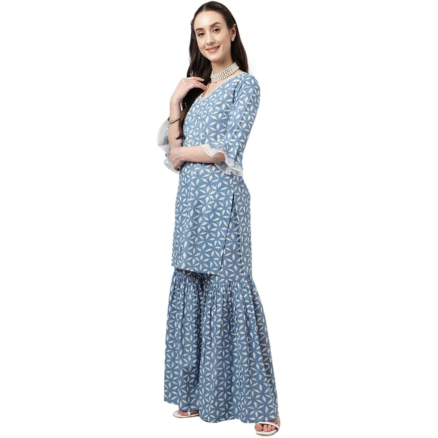 Fiorra Women's Teapot Blue Lurex Cotton Straight Kurta With Sharara And Dupatta