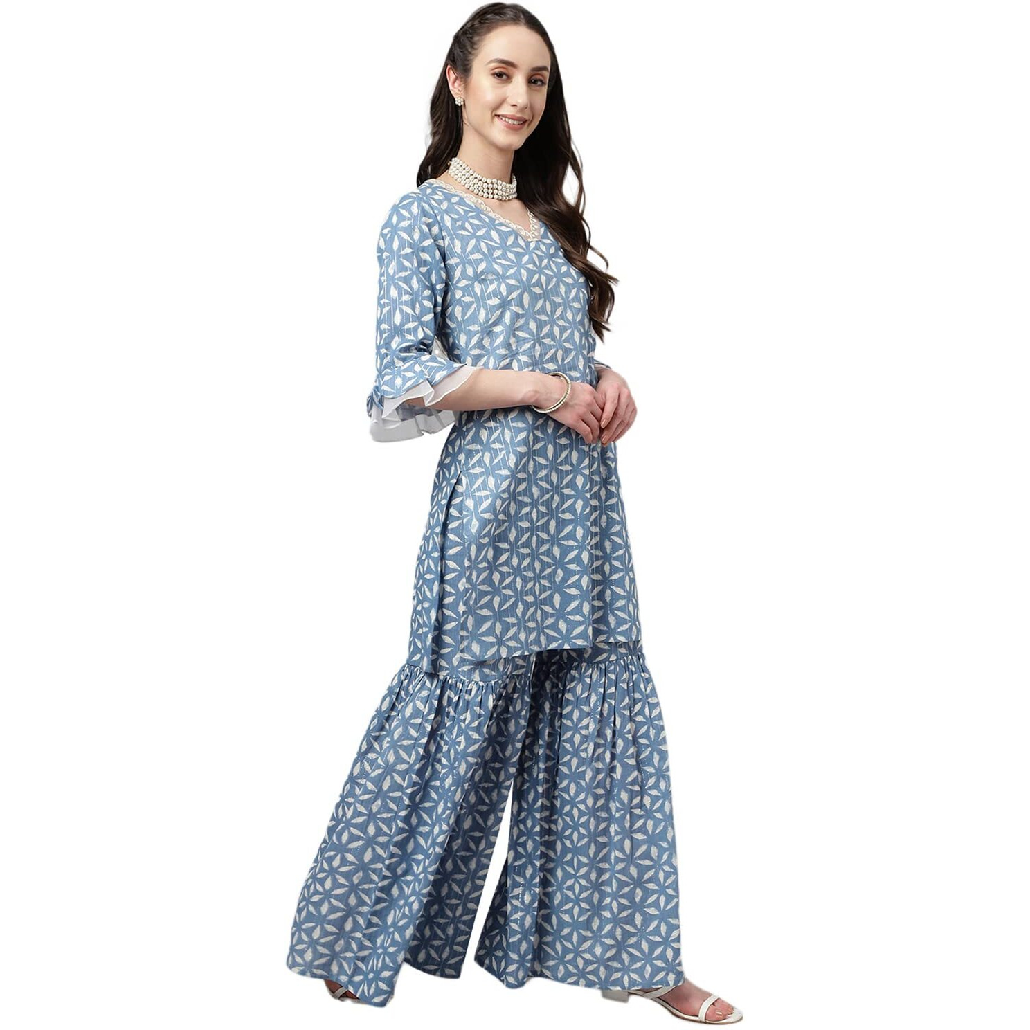 Fiorra Women's Teapot Blue Lurex Cotton Straight Kurta With Sharara And Dupatta