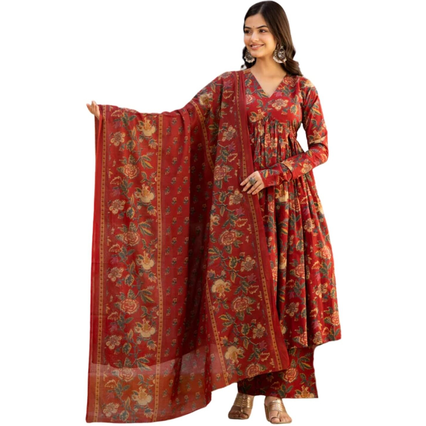Greciilooks Rayon With Dupatta Kurti Festive Set For Women|Printed Regular Fit Kurta (Gl-K2747&P169&D106_Red_2Xl)