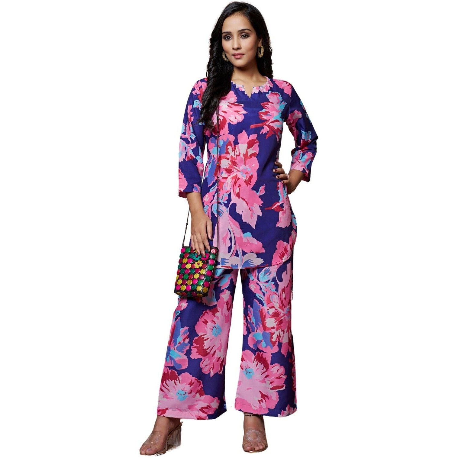 Greciilooks Women's Rayon Printed Regular Fit Co Ord Sets (Gl-W1705&Tr798_Navy Blue_M)