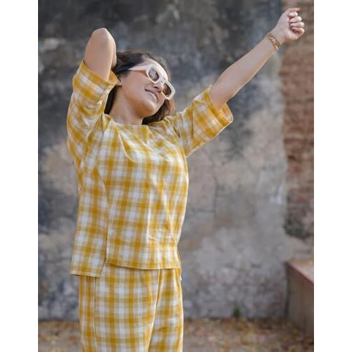 Fabnex Stylish Printed Cotton Blend Co Ord Set For Women || Casual & Festive Indo-Western Outfit (K-126-Yellow-S)