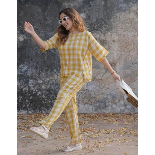 Fabnex Stylish Printed Cotton Blend Co Ord Set For Women || Casual & Festive Indo-Western Outfit (K-126-Yellow-S)