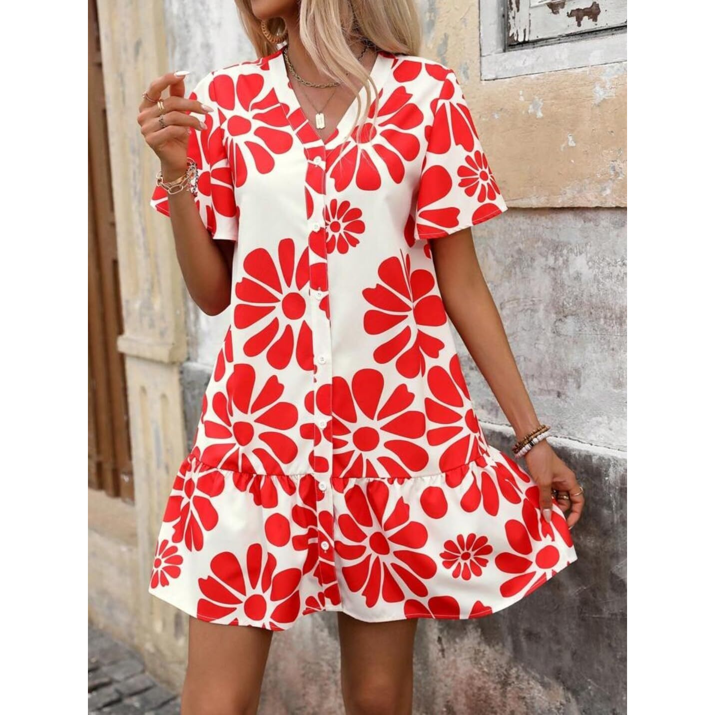 Gufrina Dress For Woman |One Piece Dress For Women |Red Floral Print | Button-Down | Flowy Ruffled Hem, Short Sleeves, And V-Neckline  Casual Western Dress (Red L)