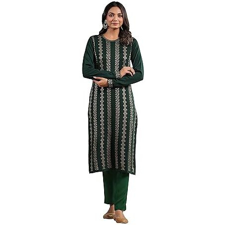 Ishin Women's Green Jacquard Style Ethnic Motifs Straight Winterwear Kurta