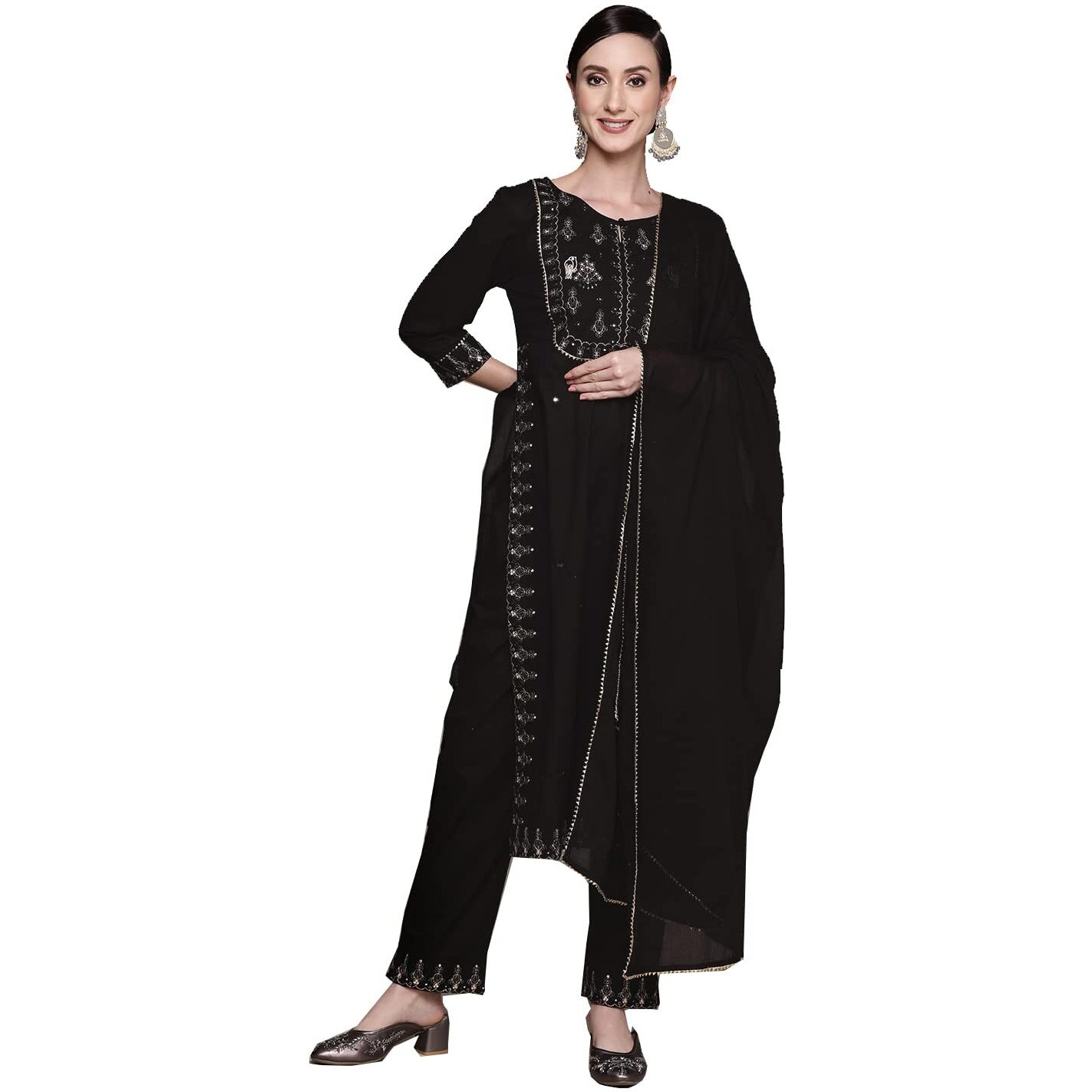 Ishin Women's Cotton Black Embroidered A-Line Kurta Set With Trouser & Dupatta