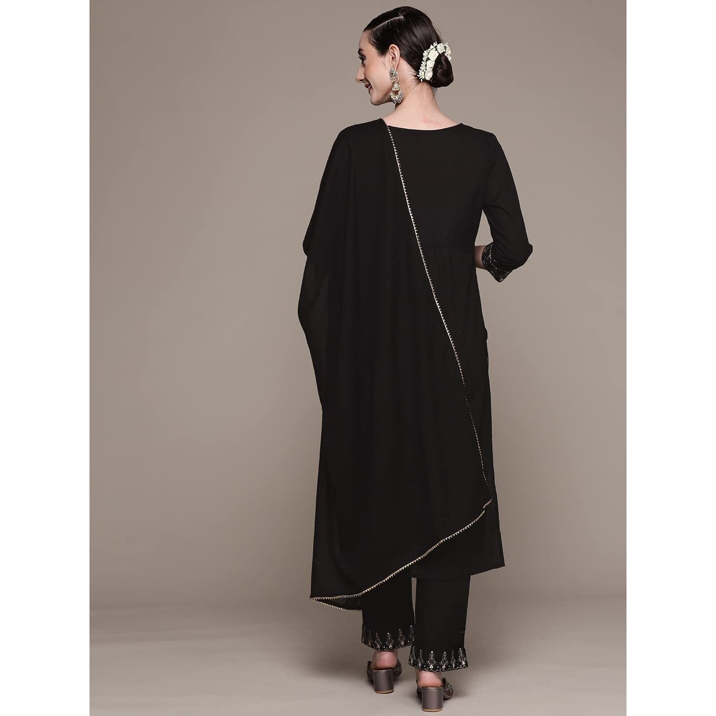 Ishin Women's Cotton Black Embroidered A-Line Kurta Set With Trouser & Dupatta