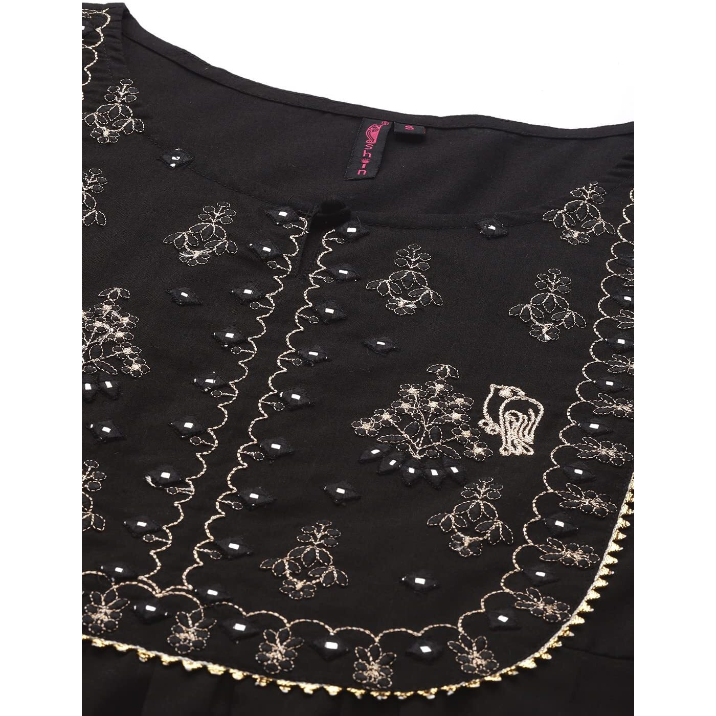 Ishin Women's Cotton Black Embroidered A-Line Kurta Set With Trouser & Dupatta