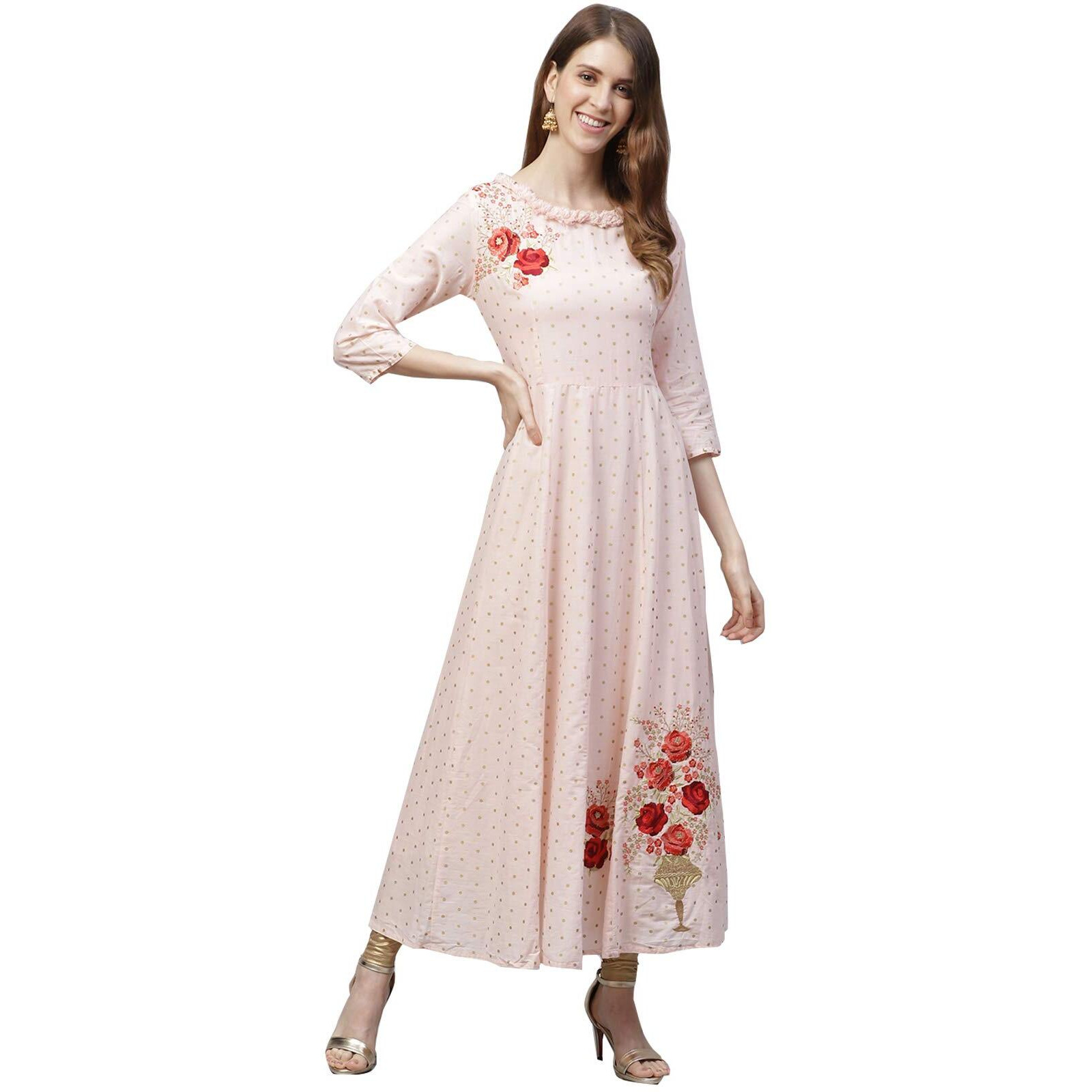 Ishin Women's Cotton Peach & Gold Embroidered Anarkali Kurta