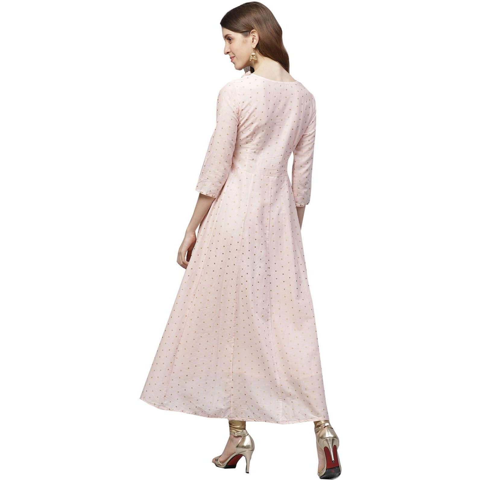 Ishin Women's Cotton Peach & Gold Embroidered Anarkali Kurta