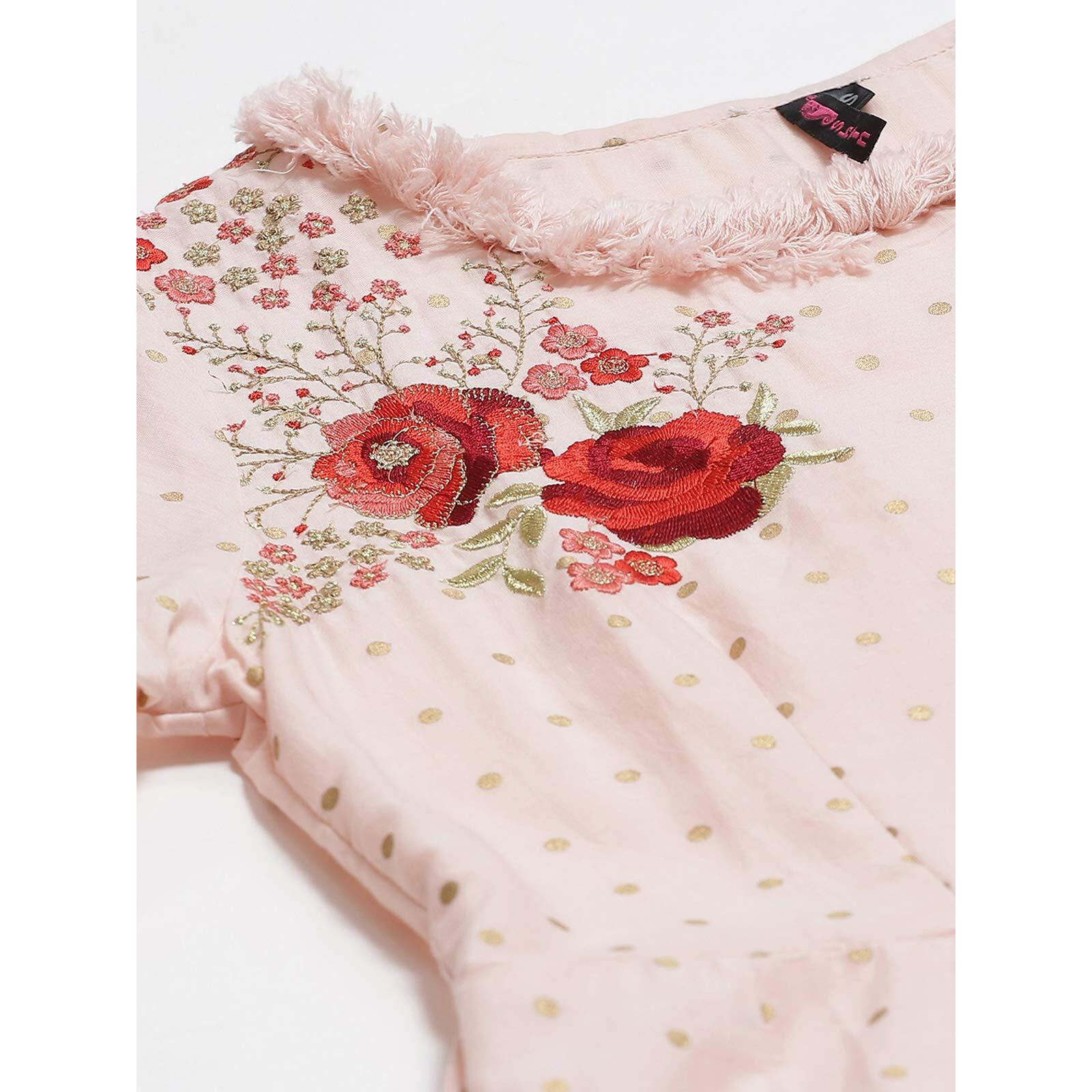 Ishin Women's Cotton Peach & Gold Embroidered Anarkali Kurta