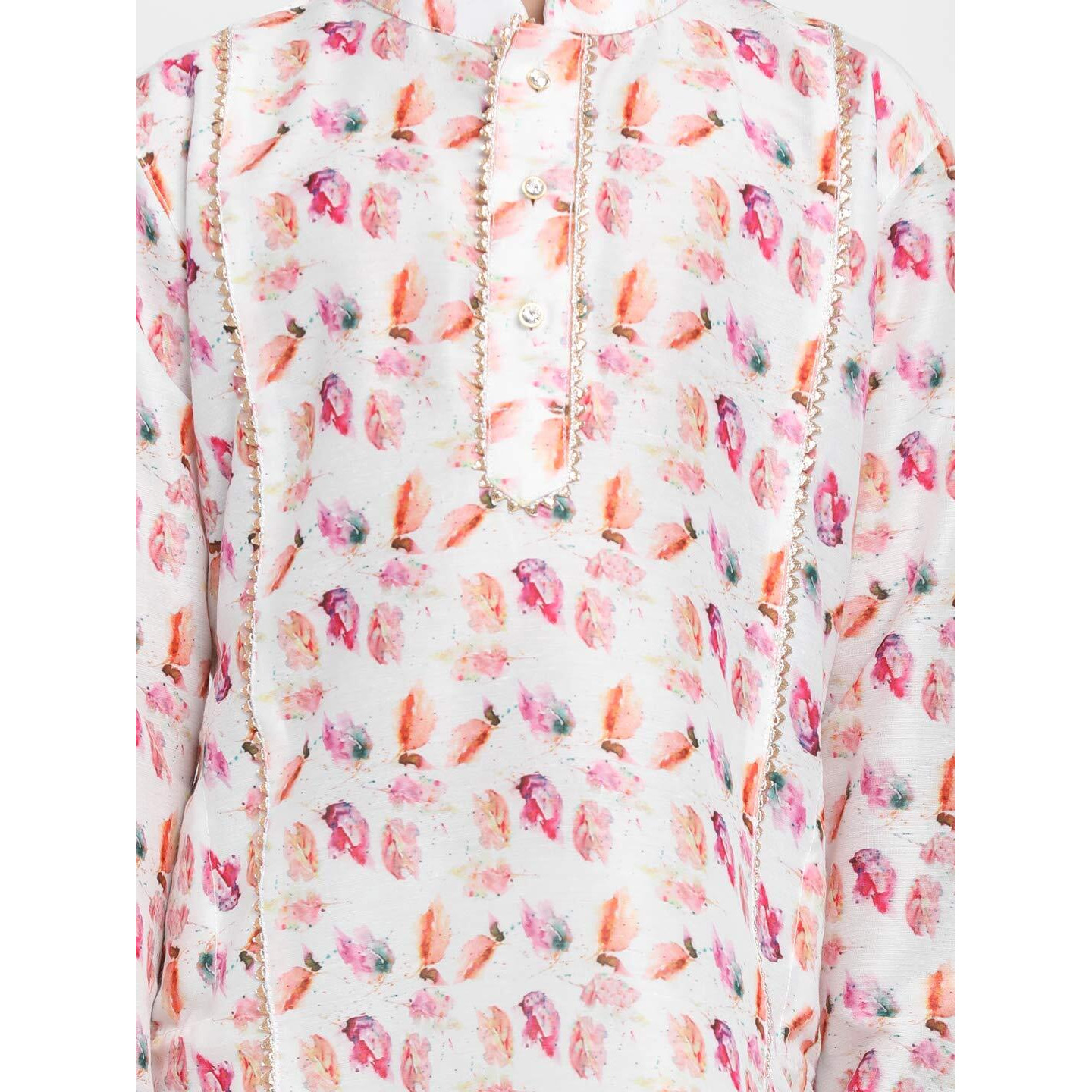 Vastramay Boys White Linen Cotton Kurta Set For Independence Day Celebrations- Digital Floral Print Ethnic Wear With Mandarin Collar