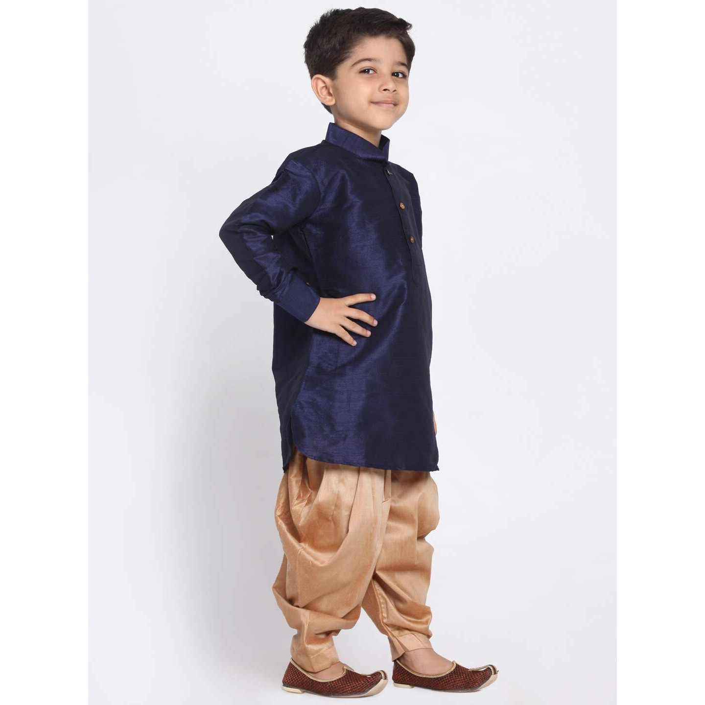 Jbn Creation Boys' Navy Blue And Rose Gold Silk Blend Kurta And Dhoti Pant Set (Vasbuk001Nbncdrg, For 6-12 Months)