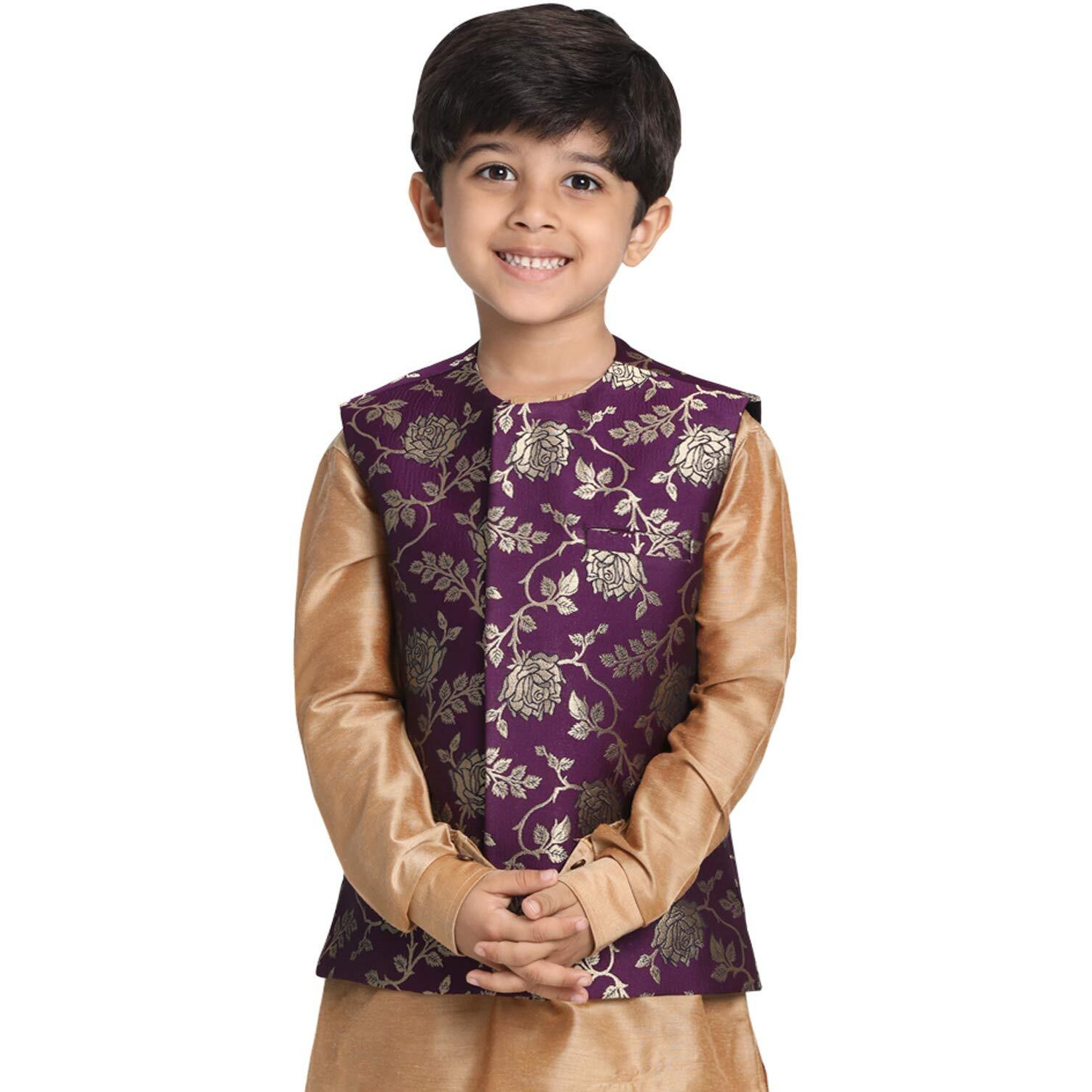 Jbn Creation Boys' Purple And Zari Gold Silk Blend Nehru Jacket_Jbnbj031Pu_32