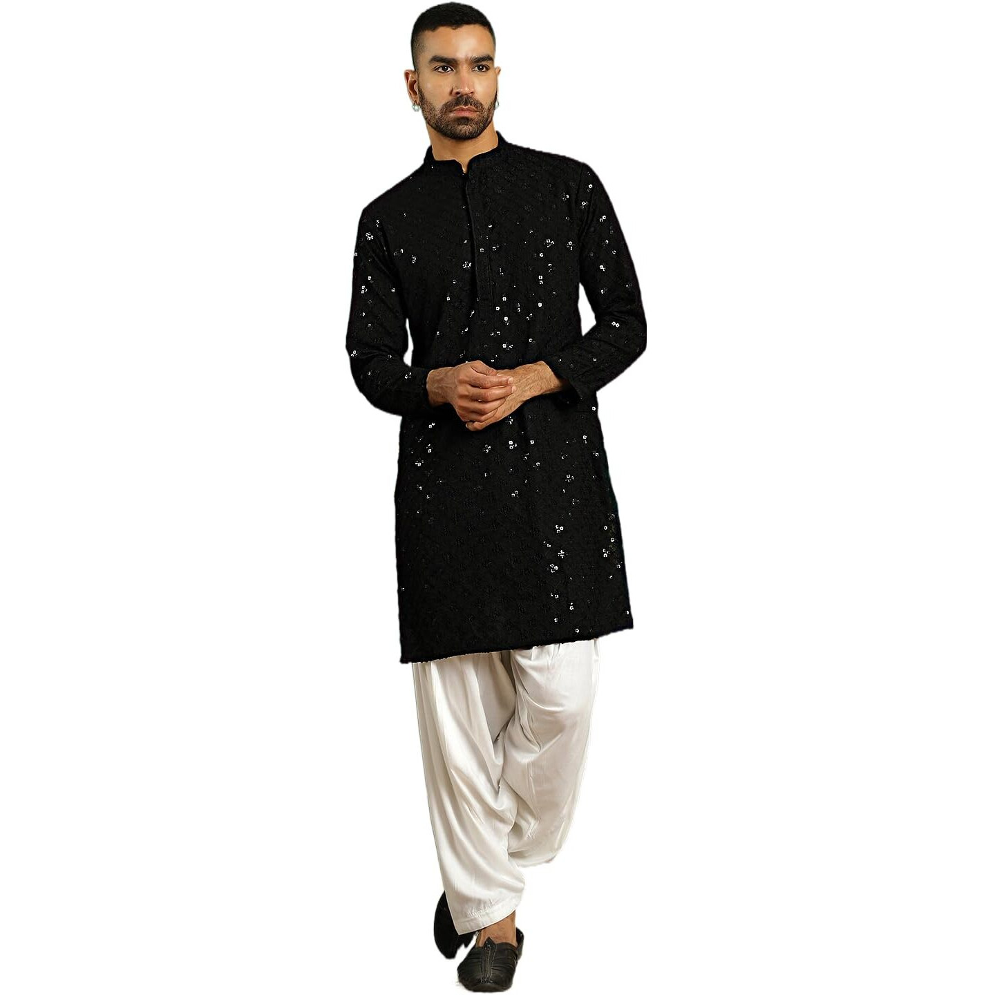 Jompers Mens Black Embroidered And Sequence Kurta With Salwar (Black, M)