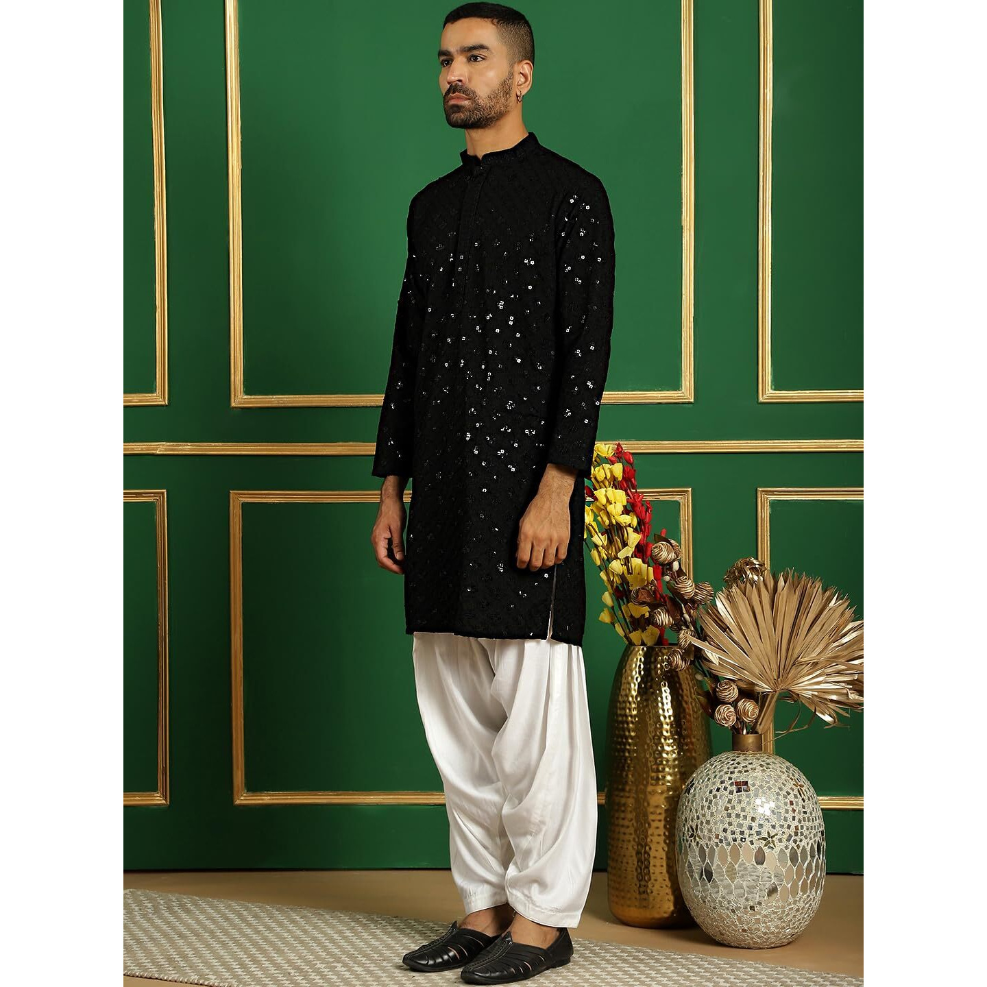 Jompers Mens Black Embroidered And Sequence Kurta With Salwar (Black, M)