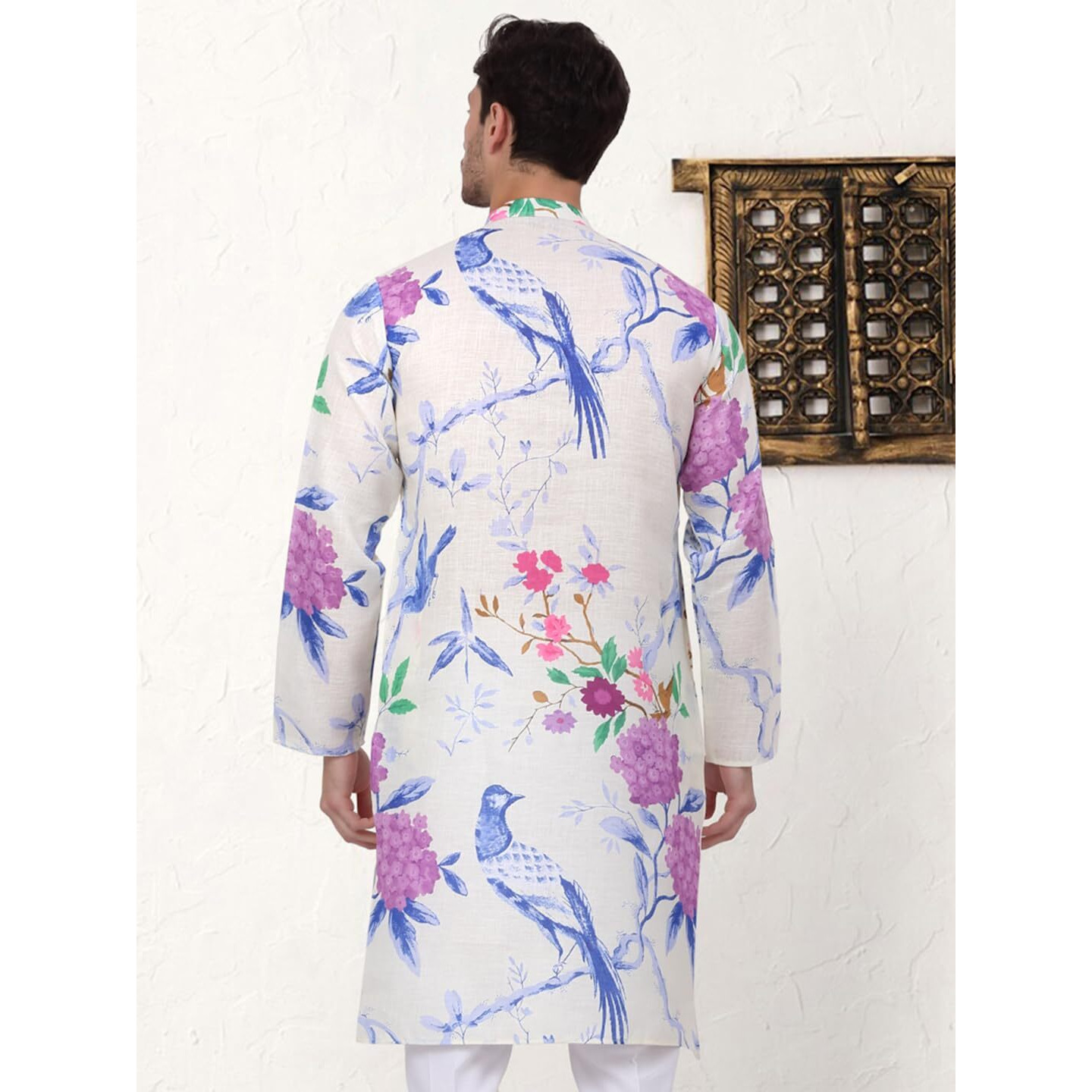 Jompers Men's Blue Animal Printed Pure Cotton Straight Kurtas. (Blue, S)